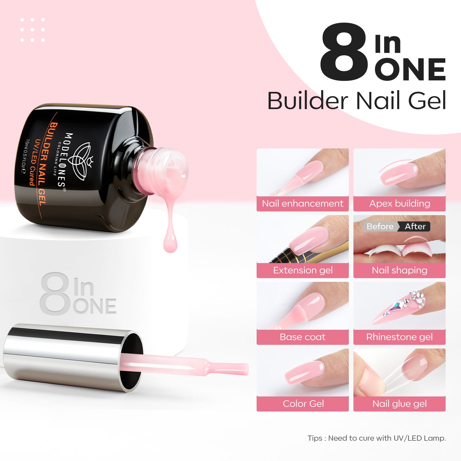 Modelones Builder Nail Gel, 8-In-One Pink Gel Builder For Nail Thickening, Led Nail Lamp Cured Hard Color Builder Nail Polish Ba