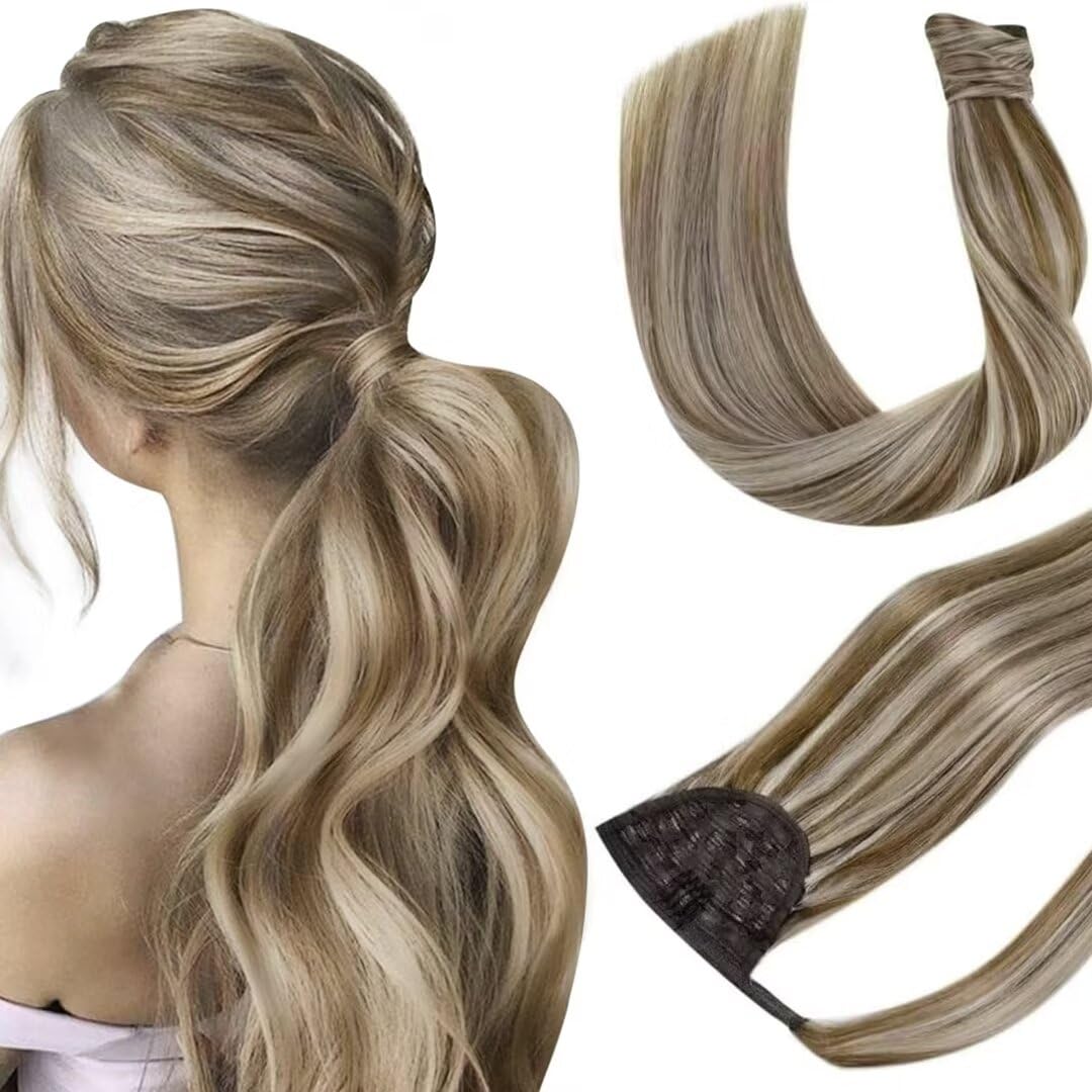 Hetto Human Hair Ponytail Extension Blonde Highlighted Ponytail Extension Human Hair Remy Pony tails Hair Extensions Golden Brow