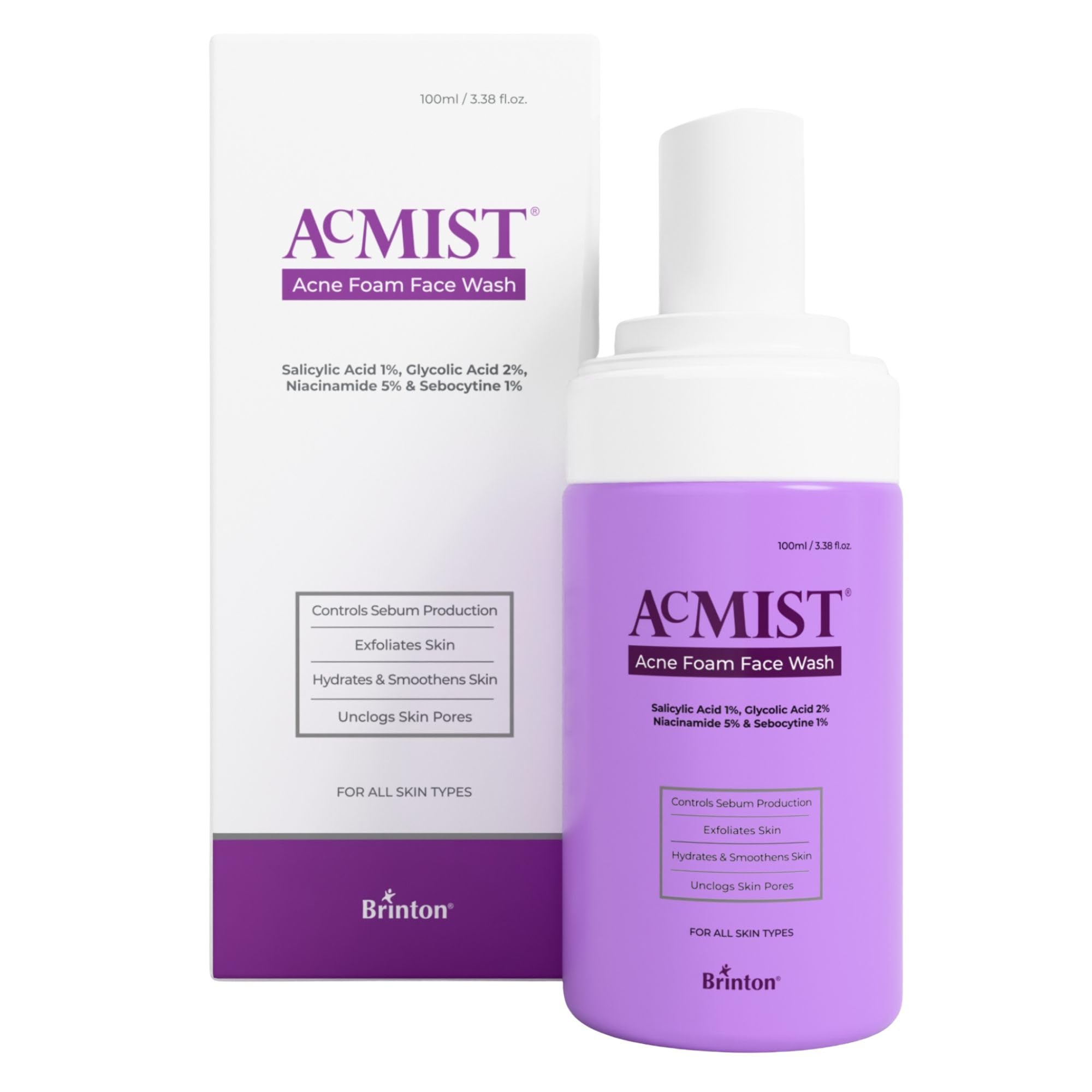 Brinton Acmist Acne Foam Face Wash | 1% Salicylic, 2% Glycolic & 5% Niacinamide | Controls Sebum, Unclogs Pores, Smoothens Skin 
