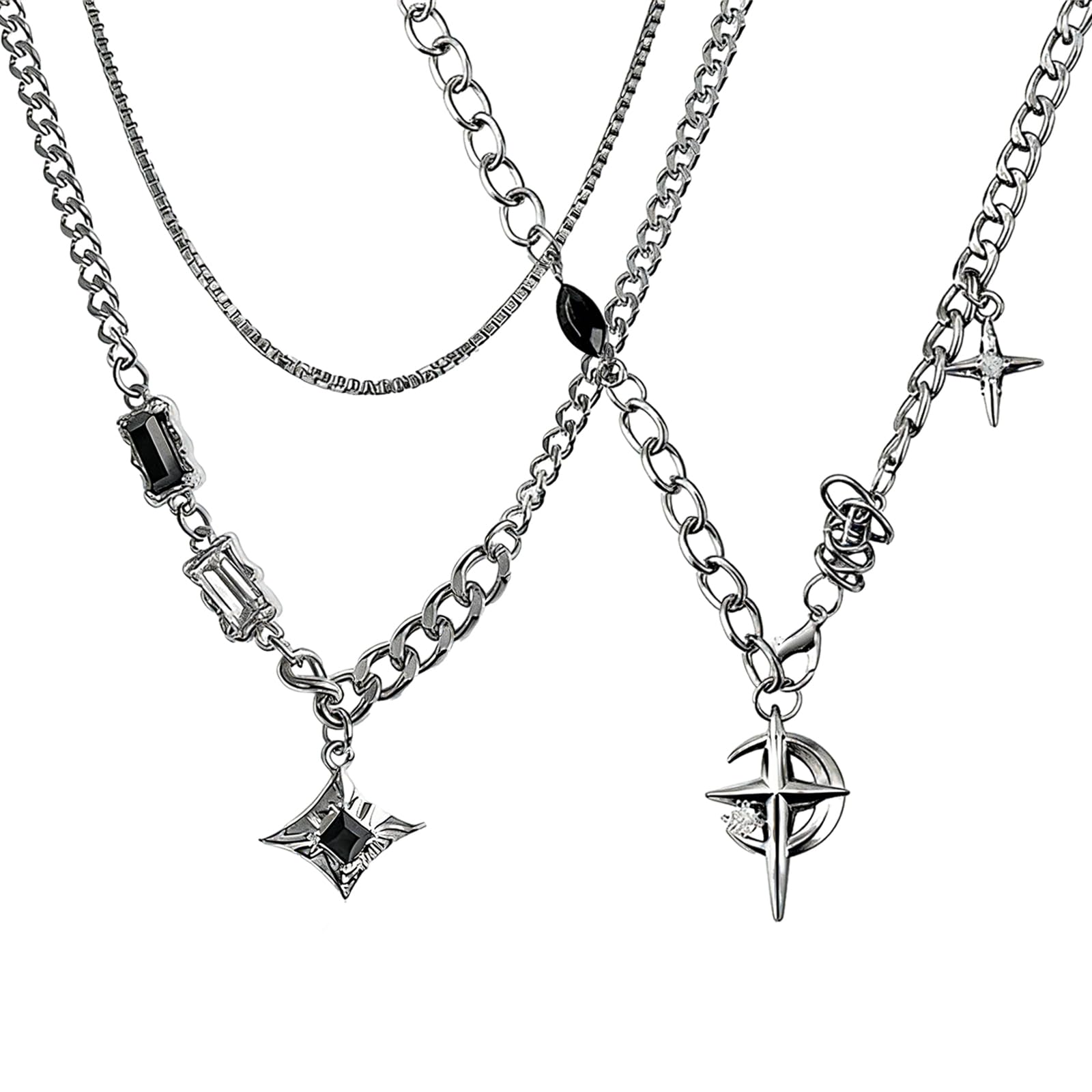 Yuisi 2Pcs Gothic Jewellery, Crescent Black Diamond Star Necklace, Punk Style Silver Chain For Men & Women, Stylish Gothic Fashi