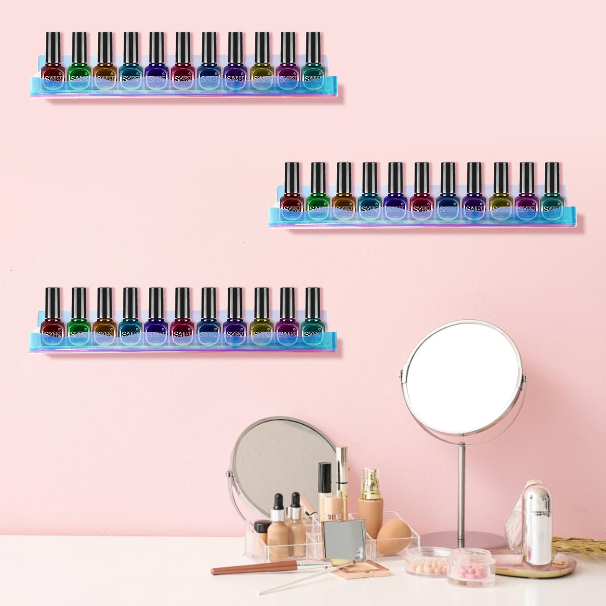 Btremary 15'' Nail Polish Rack Wall Mounted Shelves Acrylic Paints Gel Polish Organizer And Storage With End Caps For Nail Techs