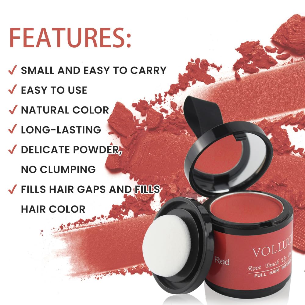 Volluck Hair Powder For Women And Men - Root Touch Up And Color, Cover Bald Spots, Eyebrows (0.35 Ounce, Red)