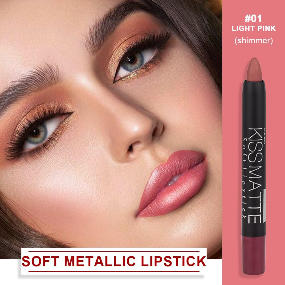 Evpct Dnm 1Pcs Light Pink Metallic Lipstick And Lip Crayon Liner Pencil Pen Set For Women Lip Stain Long Lasting Waterproof Labi