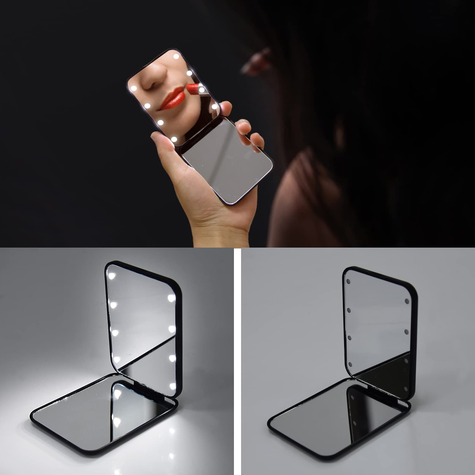 Kintion Pocket Mirror, 1X/3X Magnification Led Compact Travel Makeup / Purse Mirror With Light, , 2-Sided, Portable, Folding, Ha