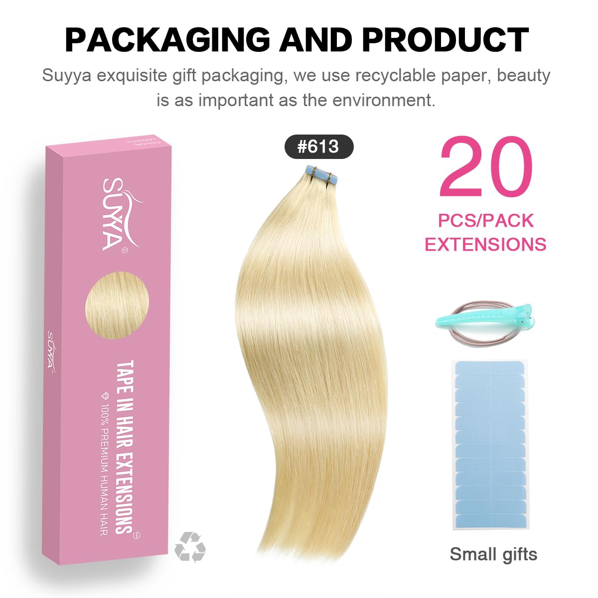 Suyya Tape In Hair Extensions Human Hair Bleach Blonde 40G/Pack 20Pcs Straight Seamless Skin Weft Tape In Real Human Hair Extens