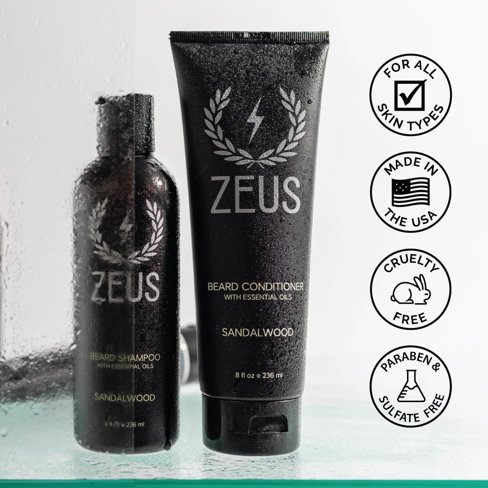 ZEUS Beard Wash & Conditioner Set - Soften & Hydrate, 2 Piece Set, Sandalwood, Model 407-145, Made in USA