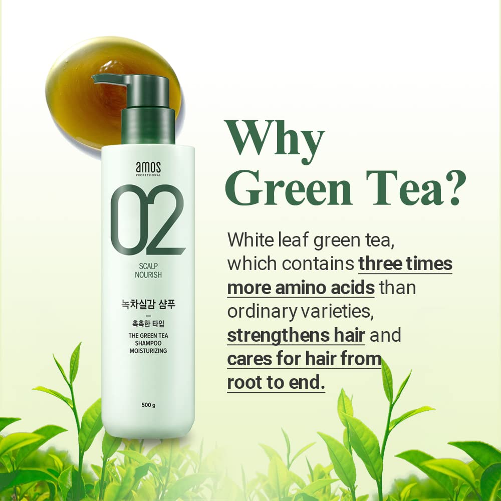 Amos Professional The Green Tea Shampoo Moisturizing [For Normal/Dry Scalp] 17.6Oz (500G) | Anti-Thinning And Anti- Hair Loss Sh