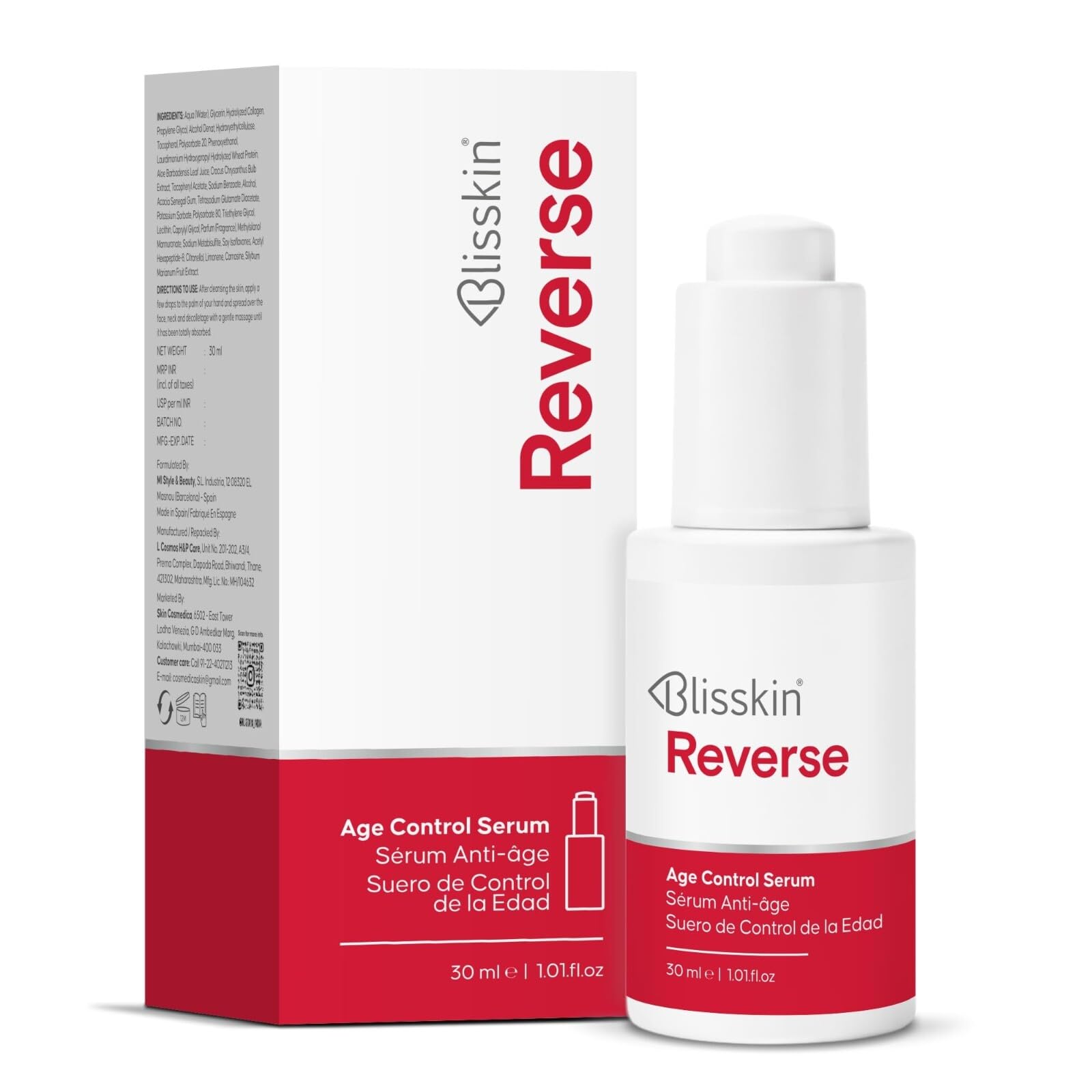 Blisskin Reverse Age Control Serum, With Collagen & Hydrolyzed Wheat Protein, Hydrating & AntiAging, For All Skin Types  30Ml