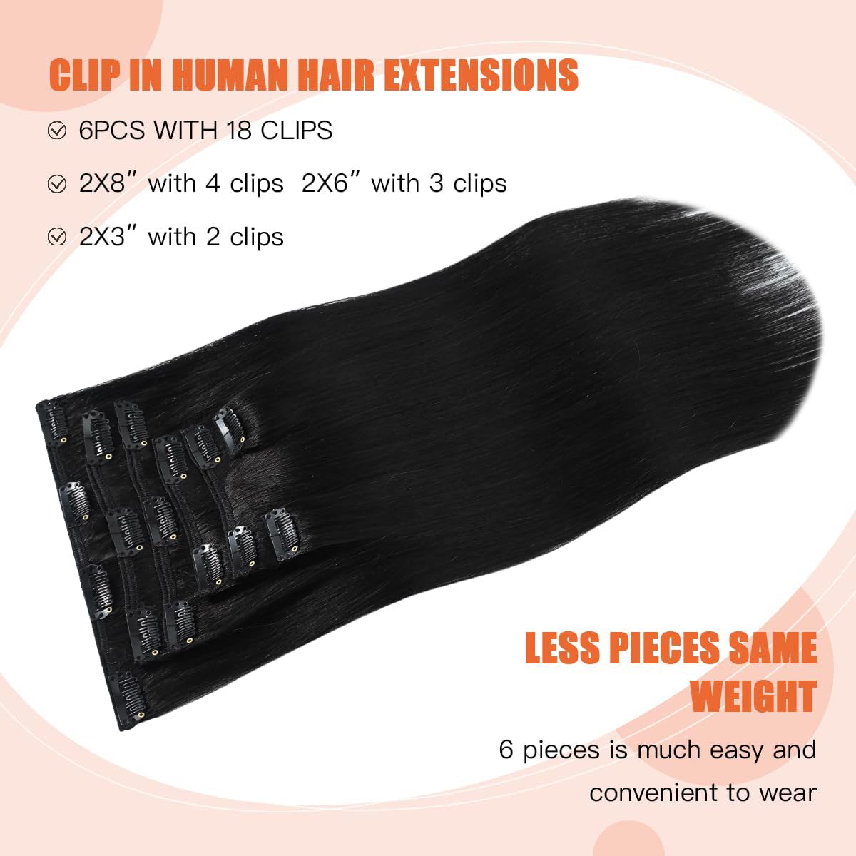 Ugotrays Black Hair Extensions Clip In Real Human Hair 70G 18 Inches 100% Remy Human Hair Natural Black Straight Double Weft For