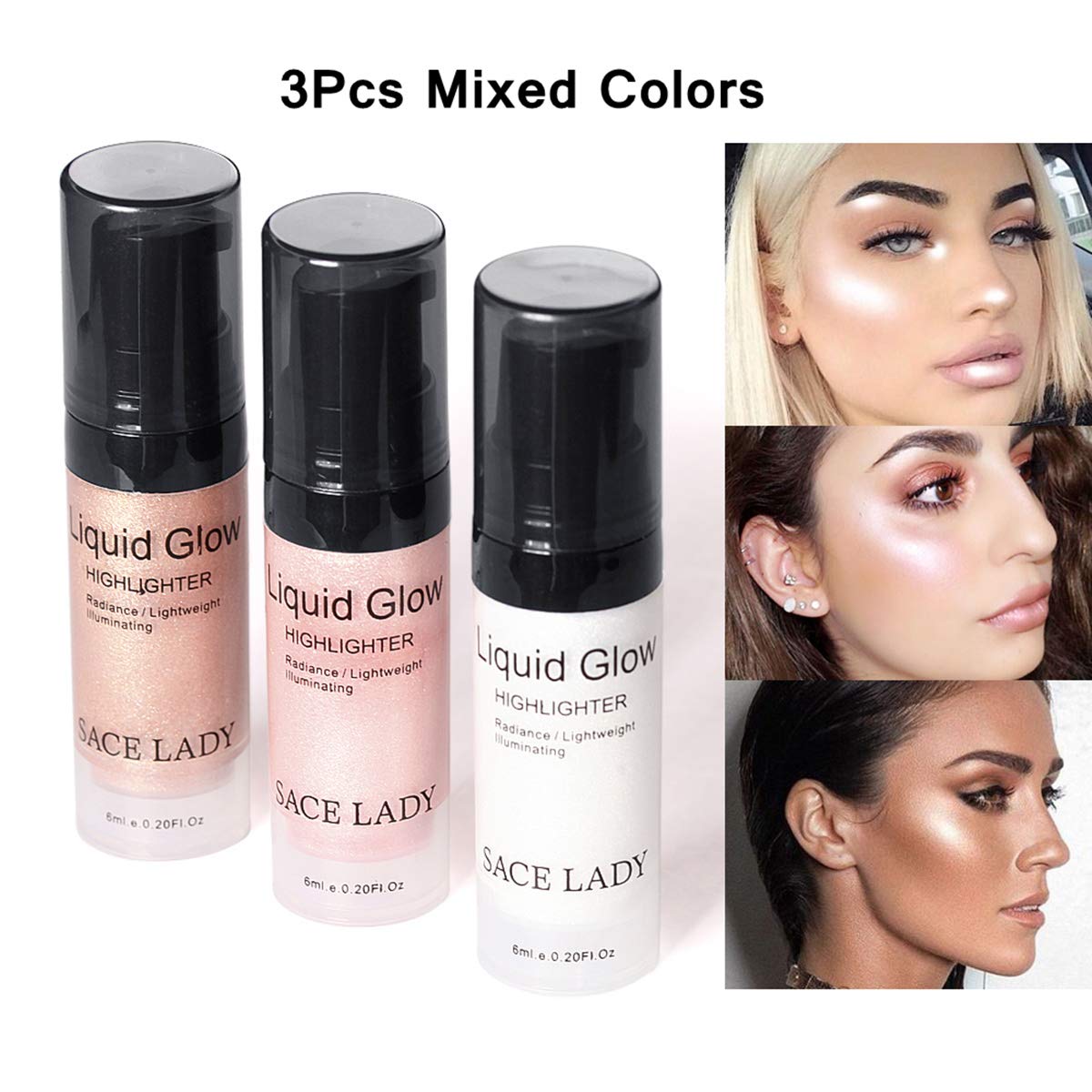 SACE LADY 3 Pack Liquid Highlighter Makeup Set Shimmer And Shine Ultra-Smooth Radiant Illuminator Kit For Face Cheekbone Body Gl