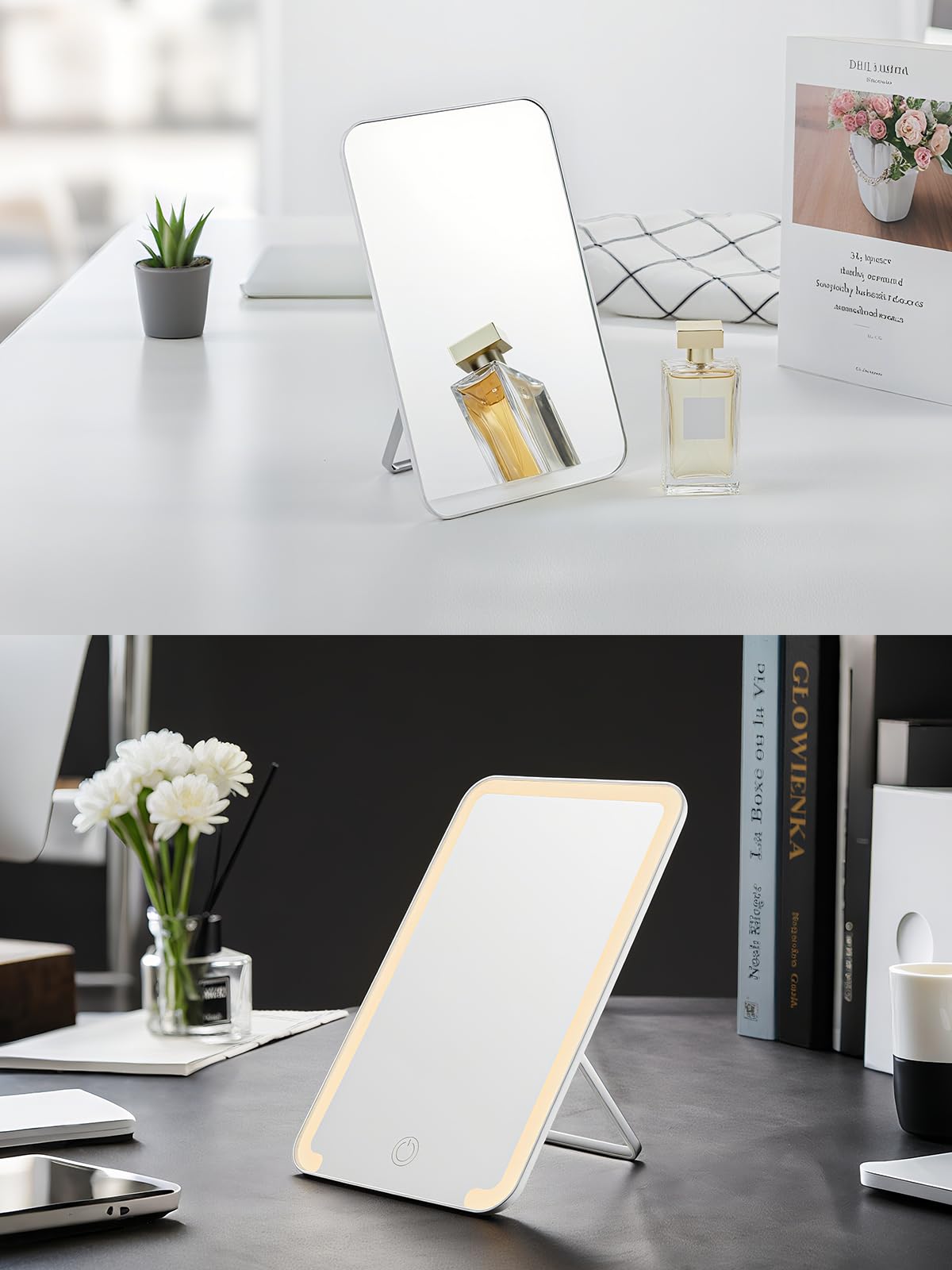 OMIRO Lighted Travel Makeup Mirror, 8 x 5 inches Desk Mirror with Foldable Stand and 3 Lighting Modes for Shaving and Travelling