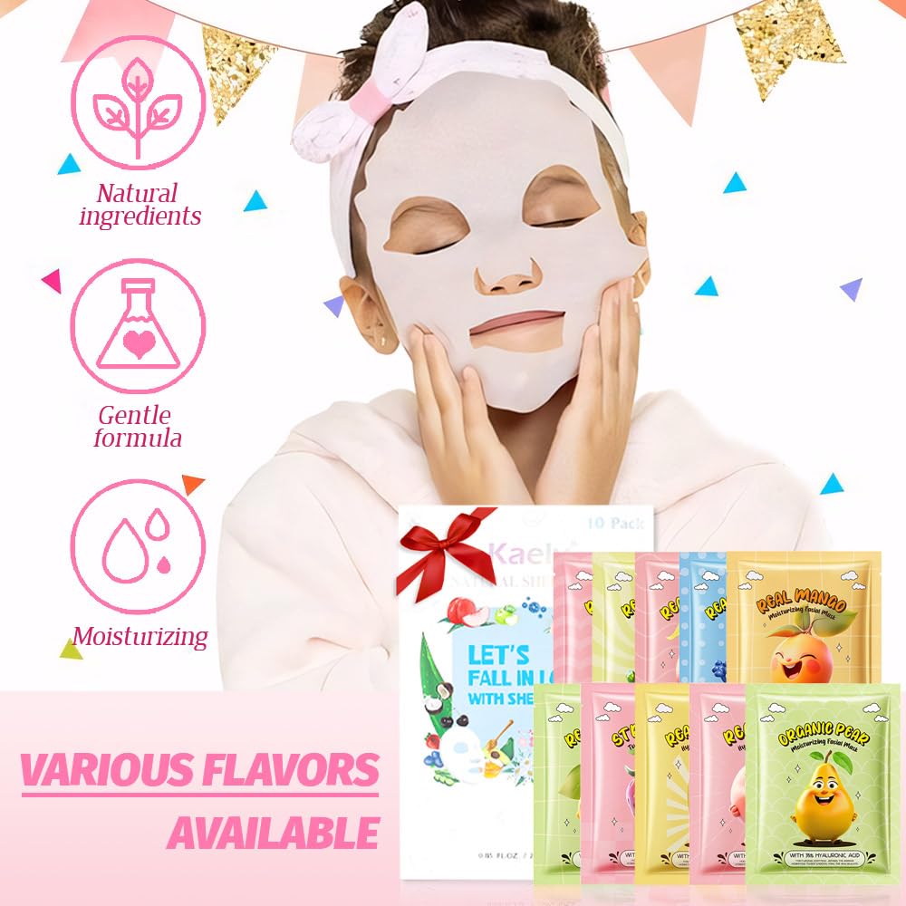 Kaely 10 Pack Fruit Face Masks For Kids, Spa Party Facial Mask Skincare Set, Sheet Masks Skin Care, Moisturize Brighten Soothe F