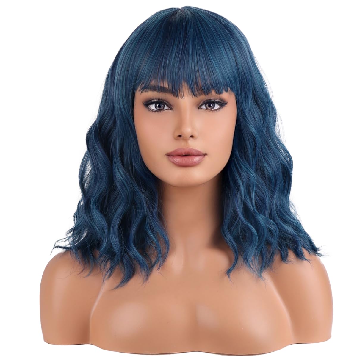 WTHCOS Mixed Blue Wig Short Bob Wig Short Curly Wavy Wig With Bangs for Women Blue Wig Heat Resistant Synthetic Hair Wigs for Da