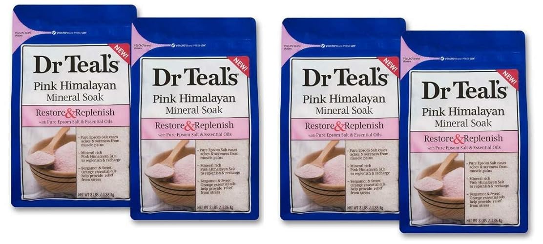 Dr. Teal's Pink Himalayan Soaking Solution Gift Set (4 Pack, 3lbs ea.) - Restore & Replenish with Essential Oils Eases Sore Musc