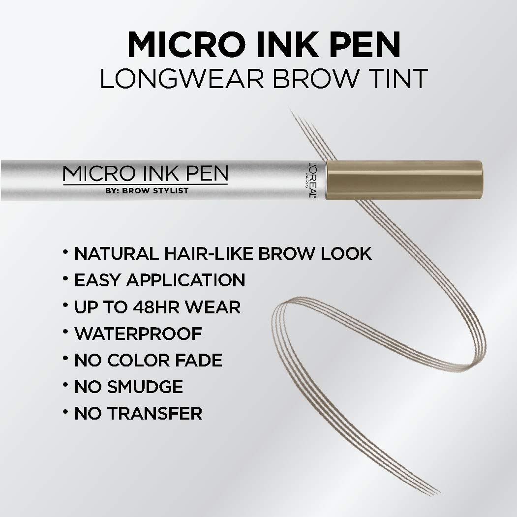 L'Oreal Paris Micro Ink Pen by Brow Stylist, Longwear Brow Tint, Hair-Like Effect, Up to 48HR Wear, Precision Comb Tip, Blonde,