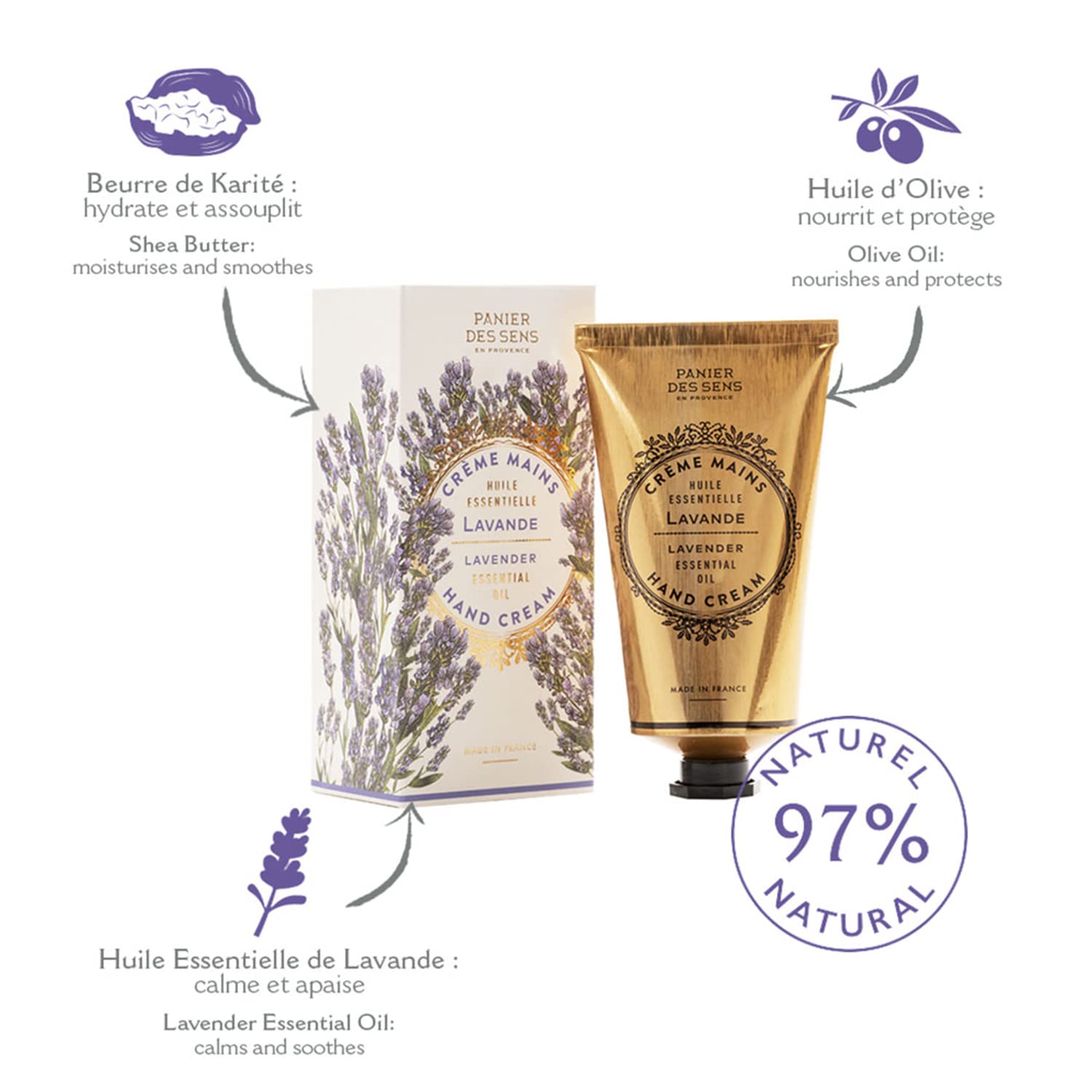 Panier des Sens - Hand Cream for Dry Cracked Hands and Skin - Lavender Hand Lotion, Moisturizer, Mask - With Shea Butter and Oli