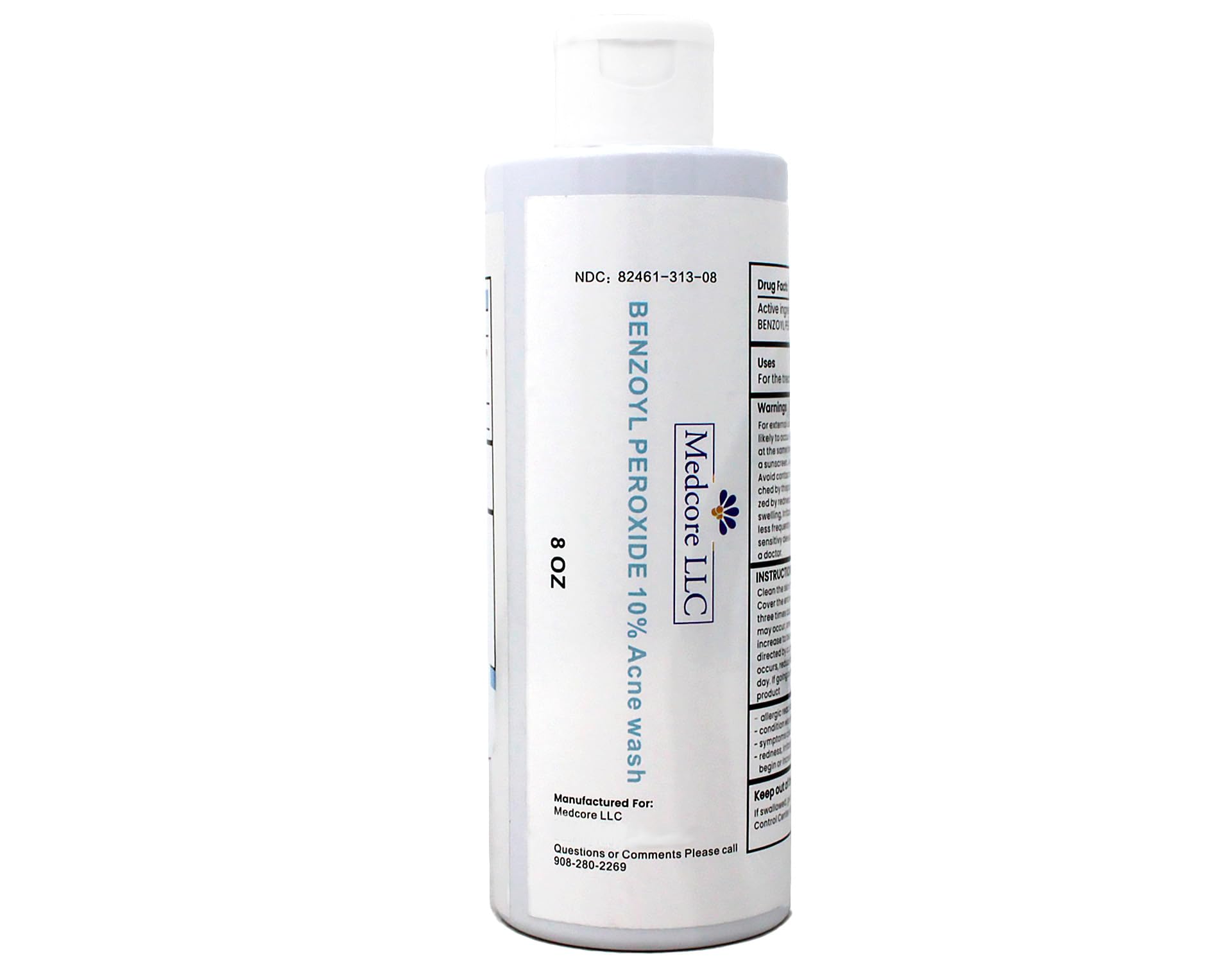 Medcore Benzoyl Peroxide 10% Acne Wash, Maximum Strength Cleansing Wash, Daily Facial and Body Cleanser, 8 Oz