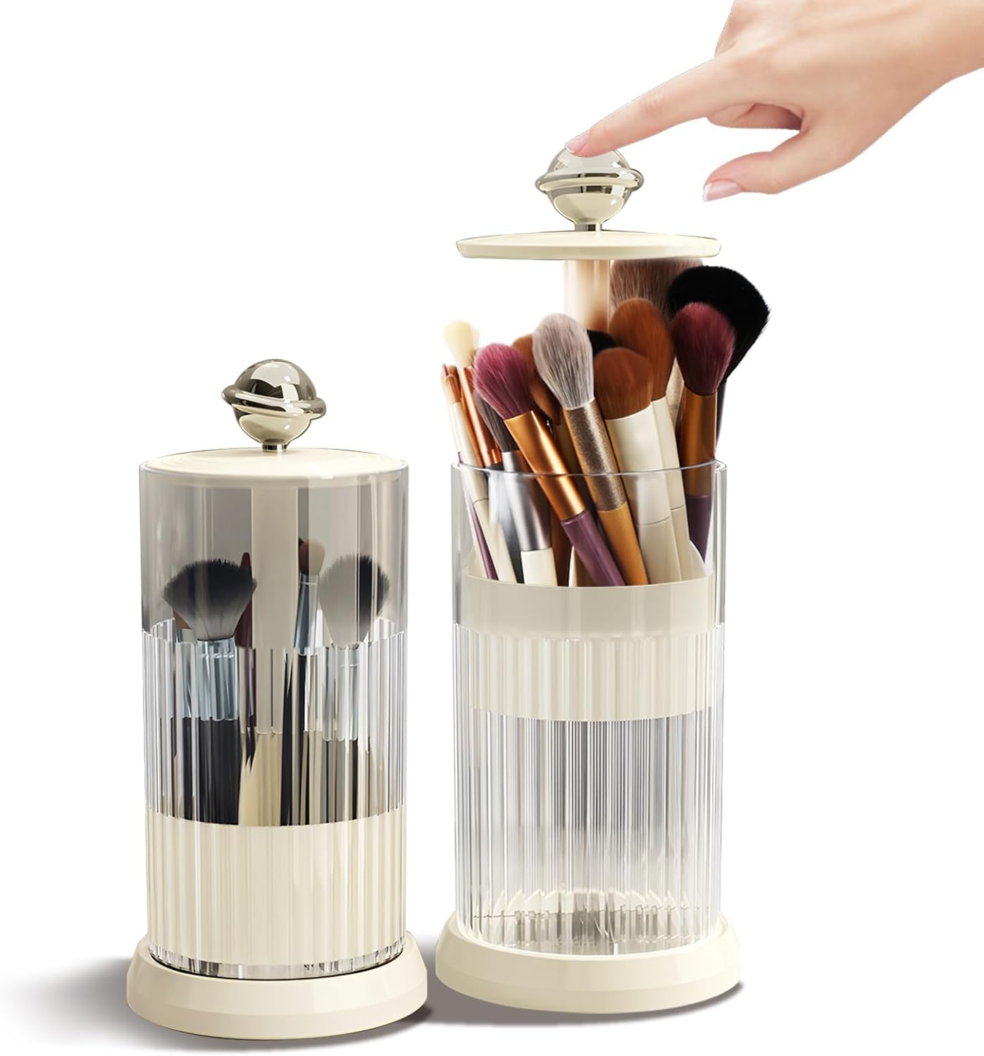 Makeup Brush Holder with Lid,One Touch Open 4 Slot Makeup Brush Case with Waterproof Dustproof, 360 Rotating Makeup Organizer fo