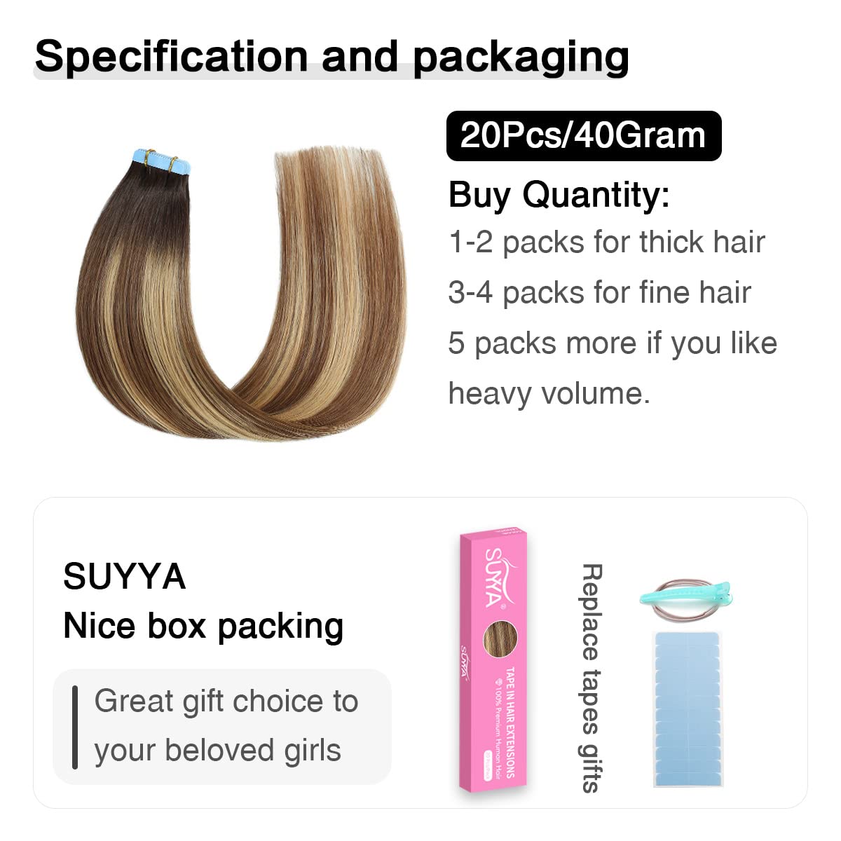 Suyya Tape In Hair Extensions Human Hair Balayage Darkest Brown To Chestnut Brown And Light Blonde 40G/Pack 20Pcs Straight Seaml