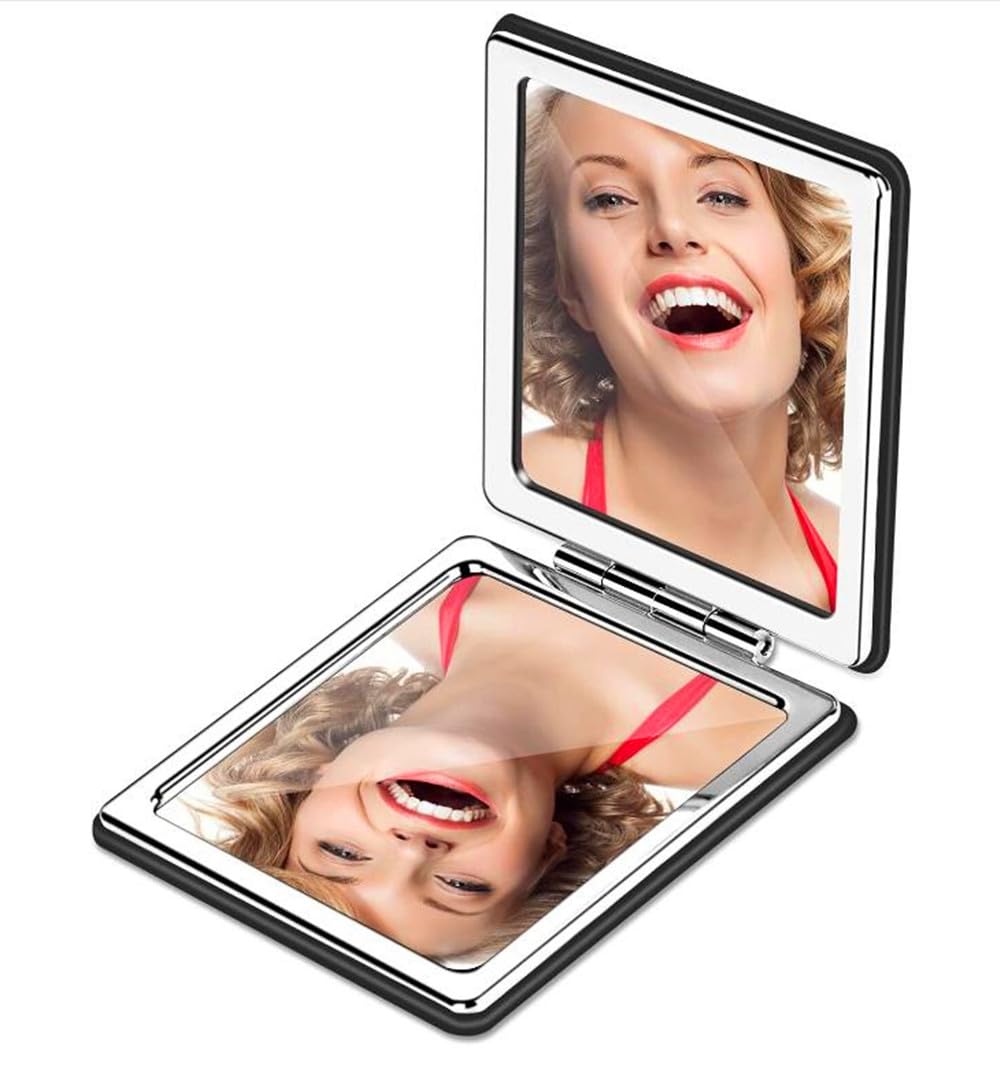 Mpowtech Compact Vanity Mirror For Men, Black, Travel Makeup Mirror For Handbag Pocket Wallet, Portable Double-Sided Magnifying