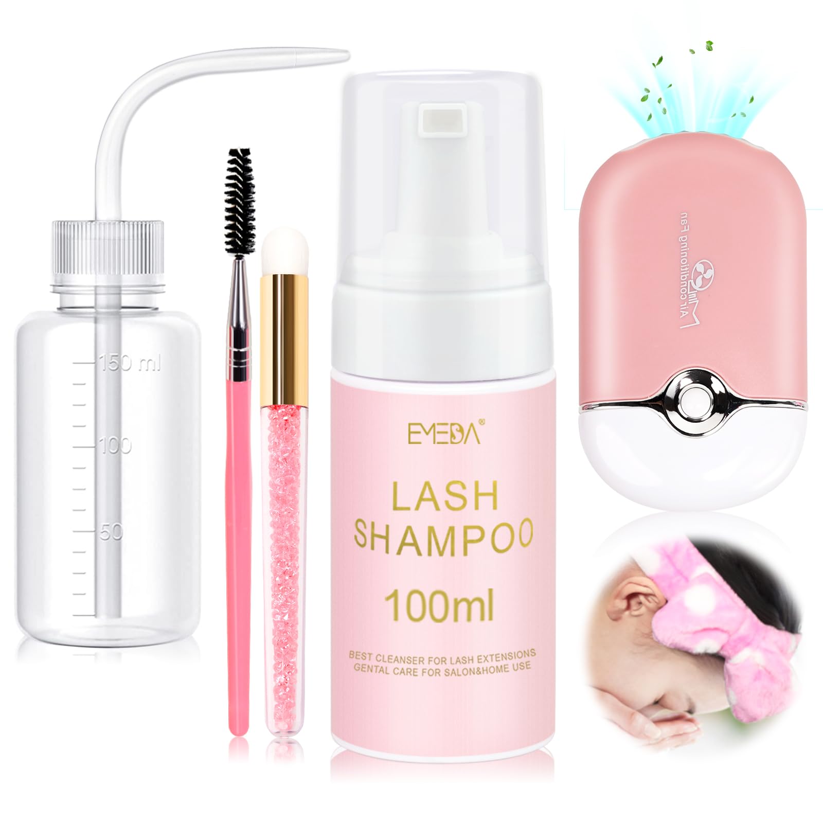 Emeda Lash Shampoo For Extensions Cleaning Bath Kit For Cluster Lashes, Fan Brush Wash Bottle Hair Band, Oil Free Foam Soap Clea