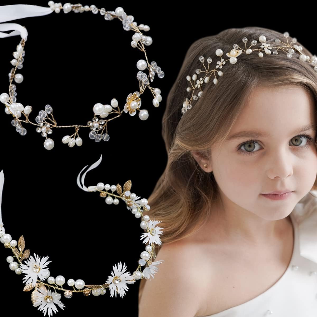 2 Pieces Bridal Hair Vines Flower Wedding Headband Princess Hair Accessories Crystal Pearls Headpiece Elegant Head bands for Bri