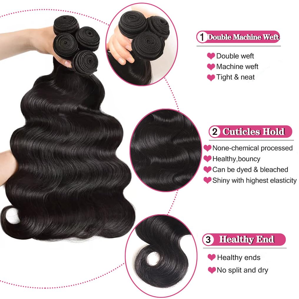 Closure With 4 Bundles (18 20 22 24+16,Free Part) 10A Brazilian Body Wave Bundles With Closure 100% Virgin Remy Bundles Human Ha