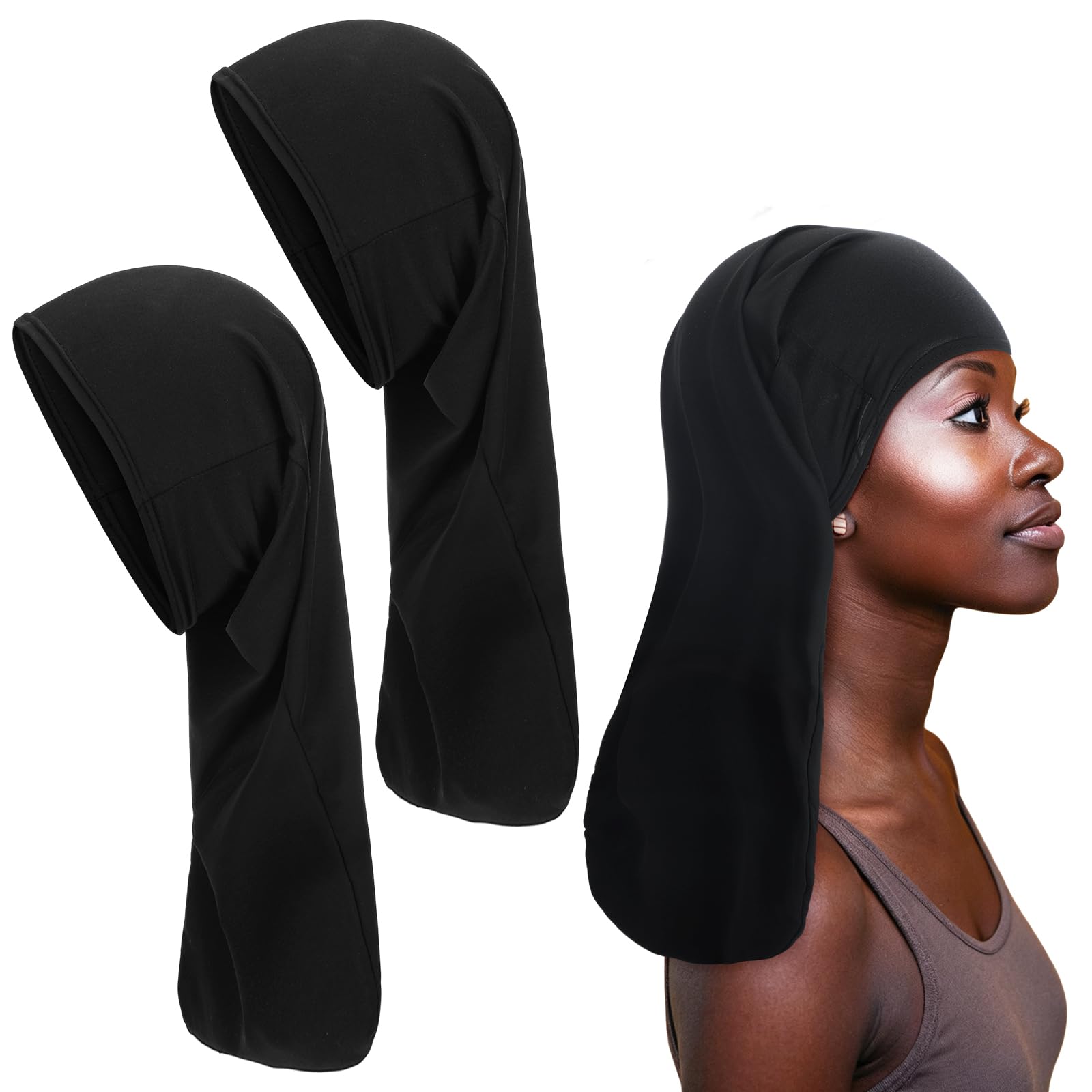 Twistover 2 Pcs Jumbo Dreadlock Cap Hair Dreads Head Wrap Loc Wraps for Dreads Hair Accessories for Men Women Sleeping(Black,Bla