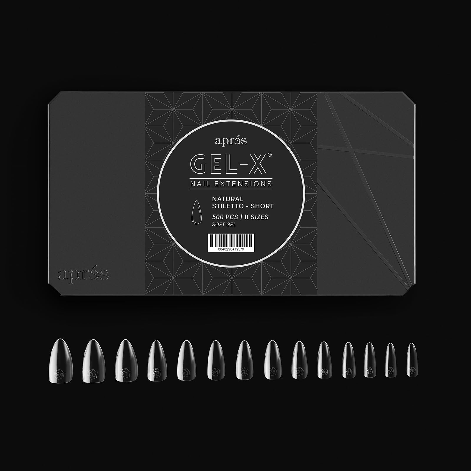 Apres Gel-X Natural Stiletto Short Tip Box | 500Pc Gel-X Tips, 11 Sizes 00-9, Premium Quality