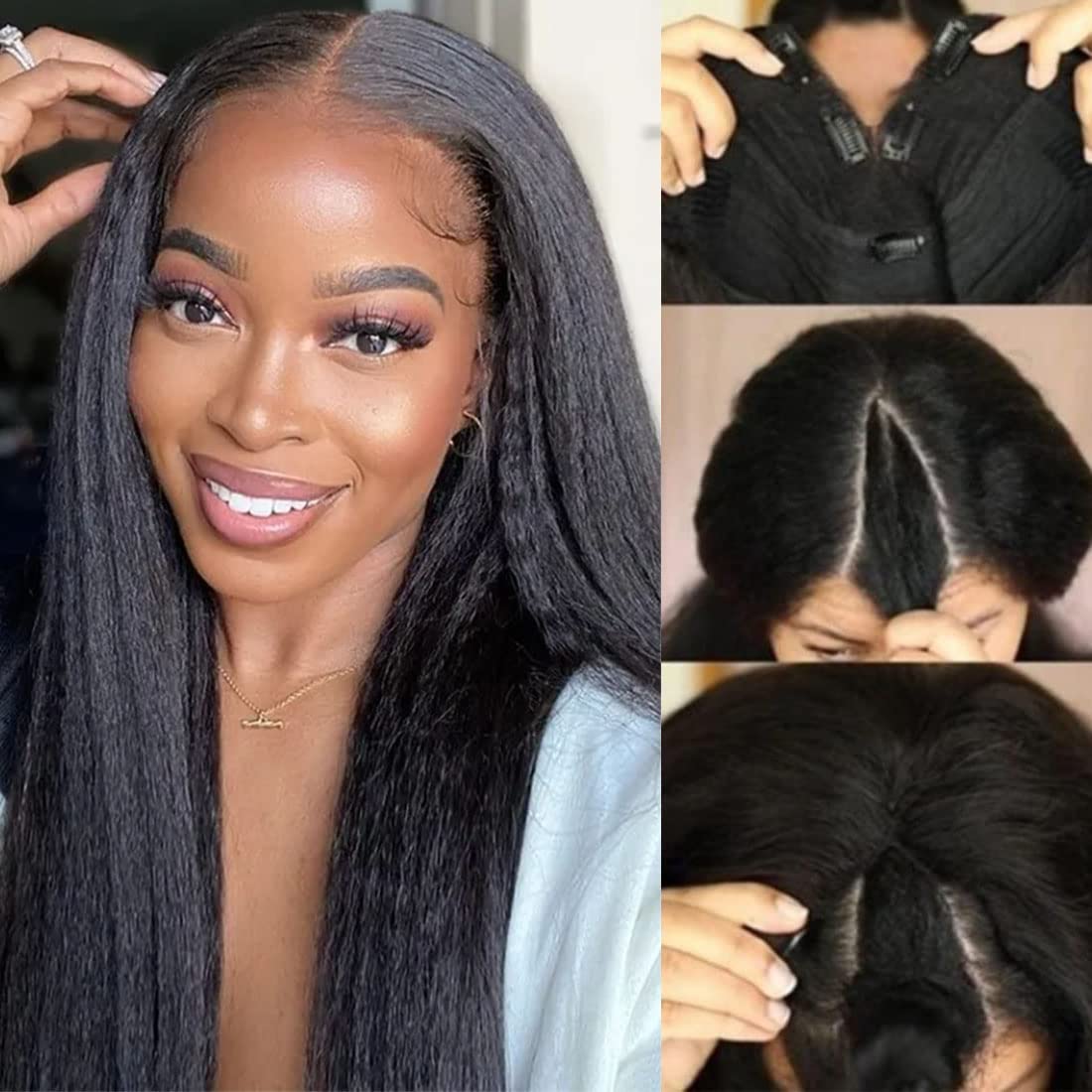 UNICE Kinky Straight V Part Wigs Human Hair for Women Glueless Upgrade U Part Wigs Machine Made Clips in V Part Wig Leave Out Re