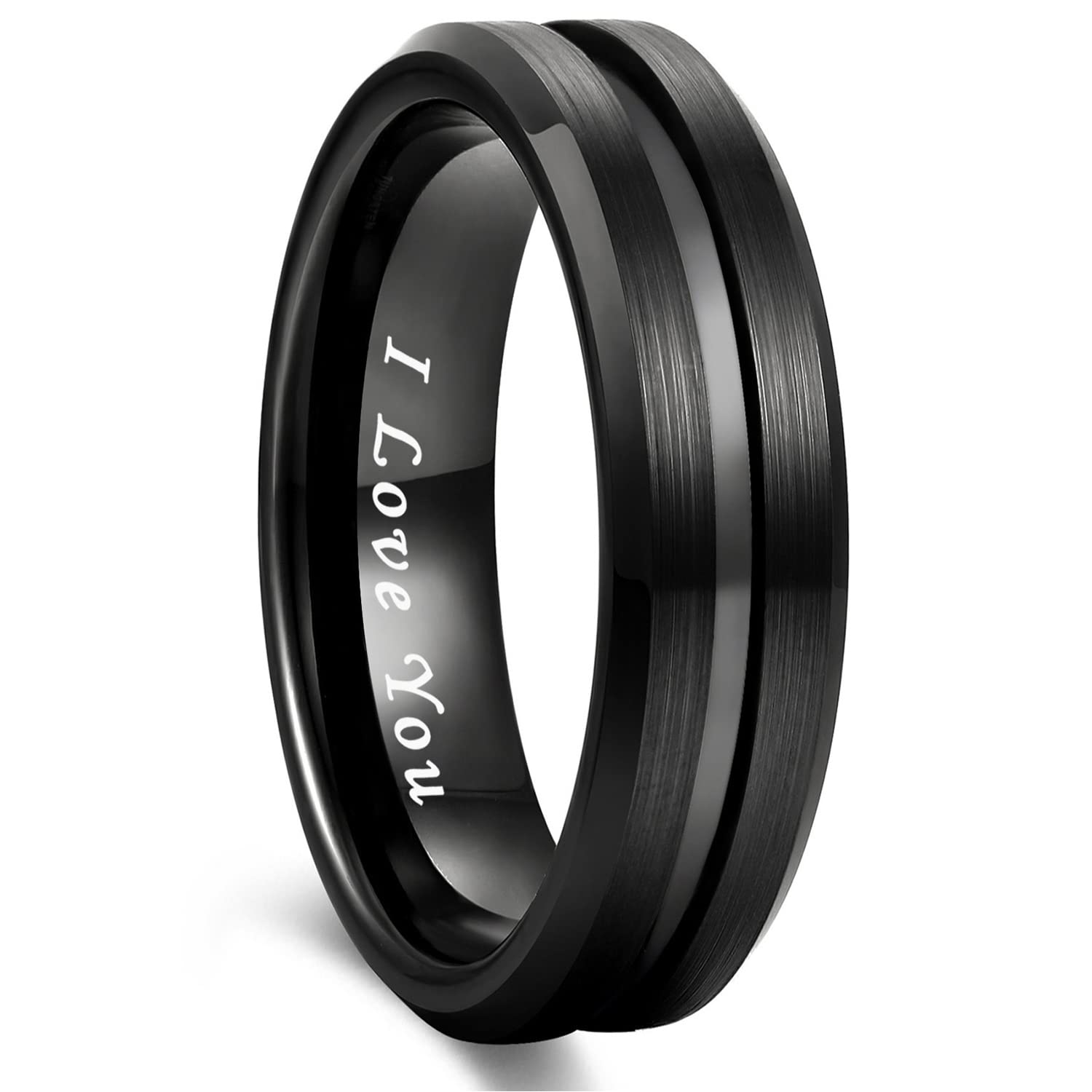 Greenpod 6mm Black Tungsten Wedding Band Ring for Men Grooved Center Brush Finish Engraved I Love You Comfort Fit Size 9