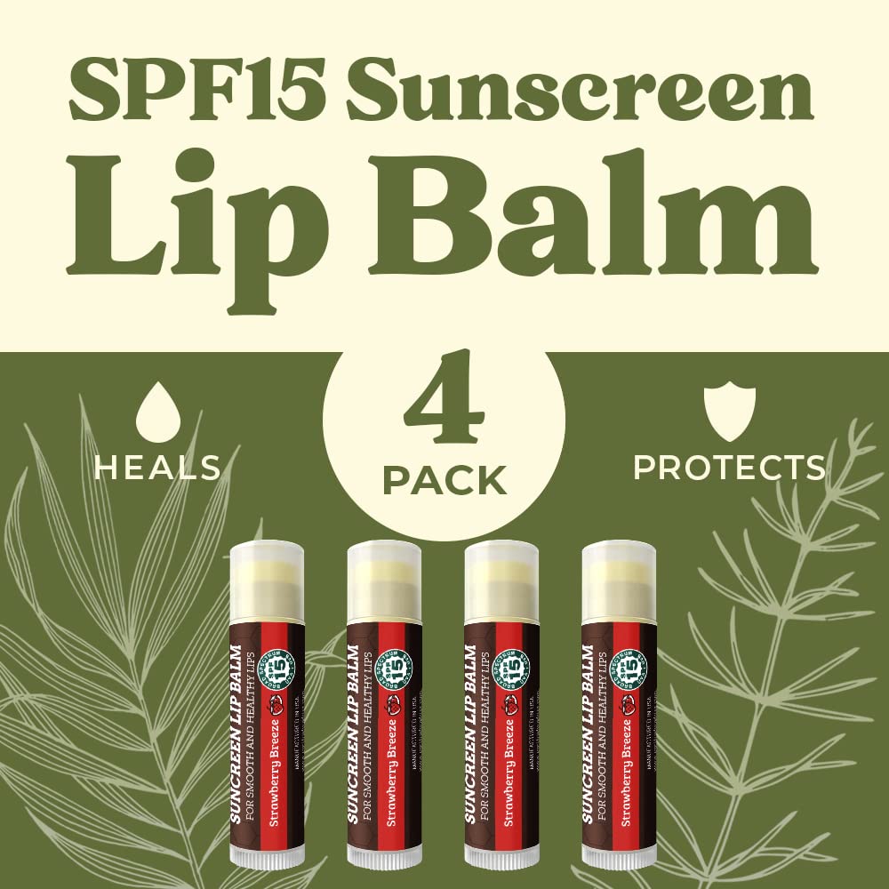 Spf Lip Balm 4-Pack By Earth'S Daughter - Lip Sunscreen, Spf 15, Organic Ingredients, Strawberry Flavor, Beeswax, Coconut Oil, V