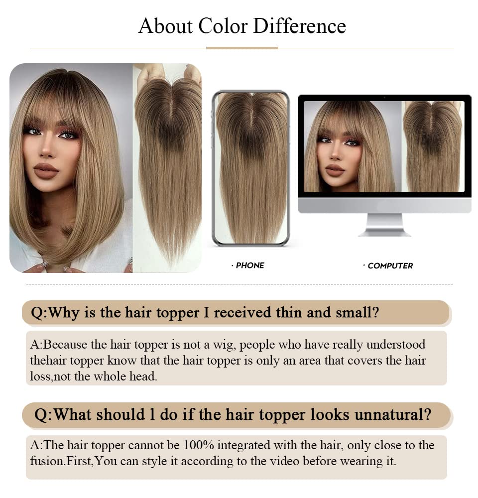 HAIRCUBE Hair Toppers For Women, Top Hairpieces 100% Remy Human Hair With Bangs, 150% Density Silk Base Clip In Topper 7 * 13cm