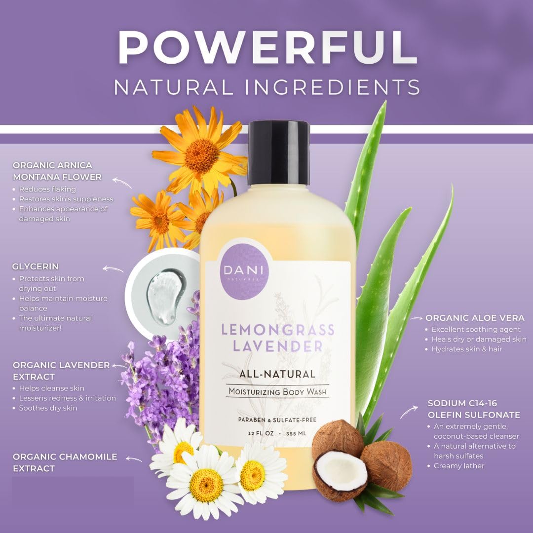 DANI Naturals Moisturizing Body Wash - Calming Lemongrass Lavender Scent with Organic Aloe Vera & Natural Glycerin - Paraben & S