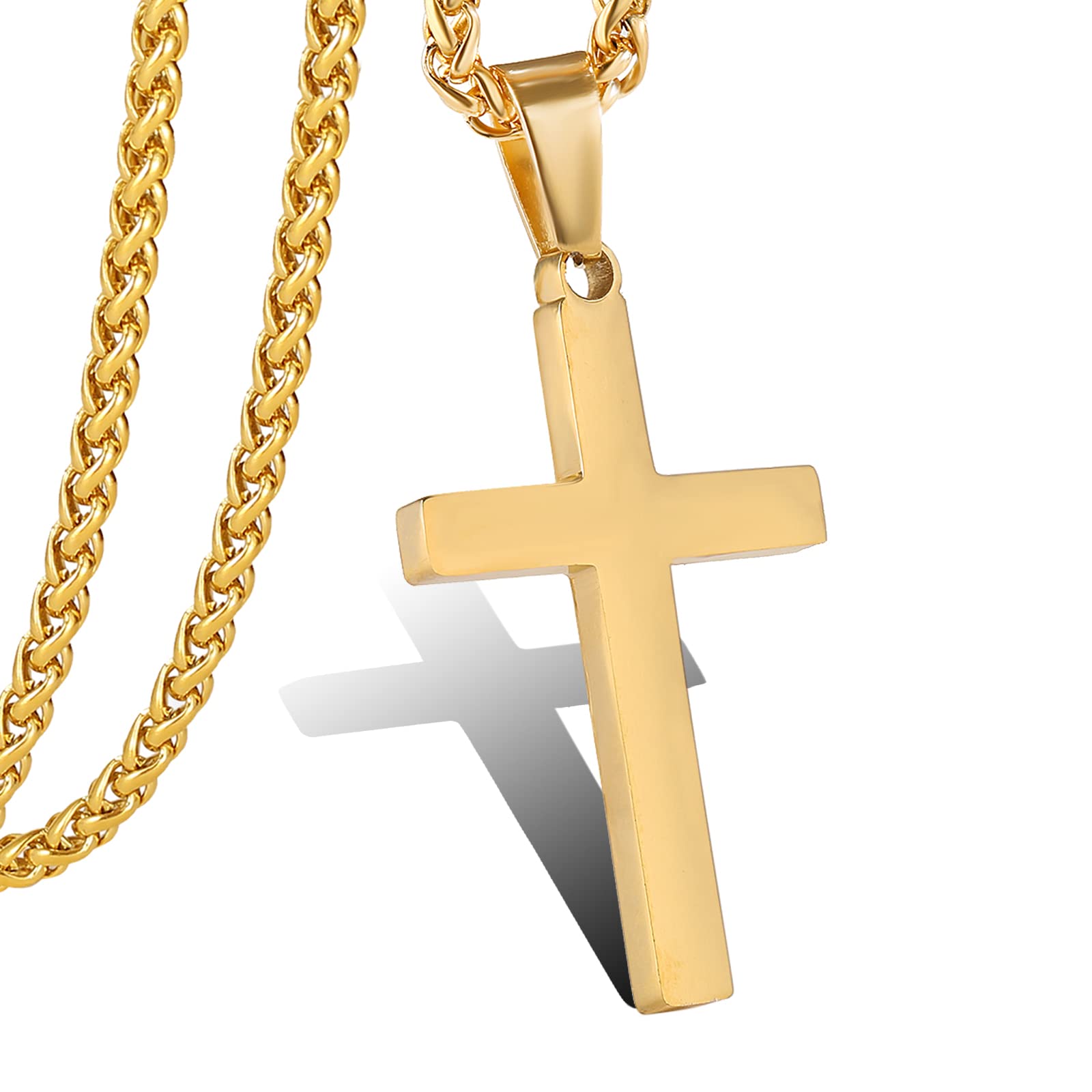 P. BLAKE Small Gold Plated Stainless Steel Cross Necklace for Men Boys Christian Golden Religious Cross Pendant Chain 16 Inches