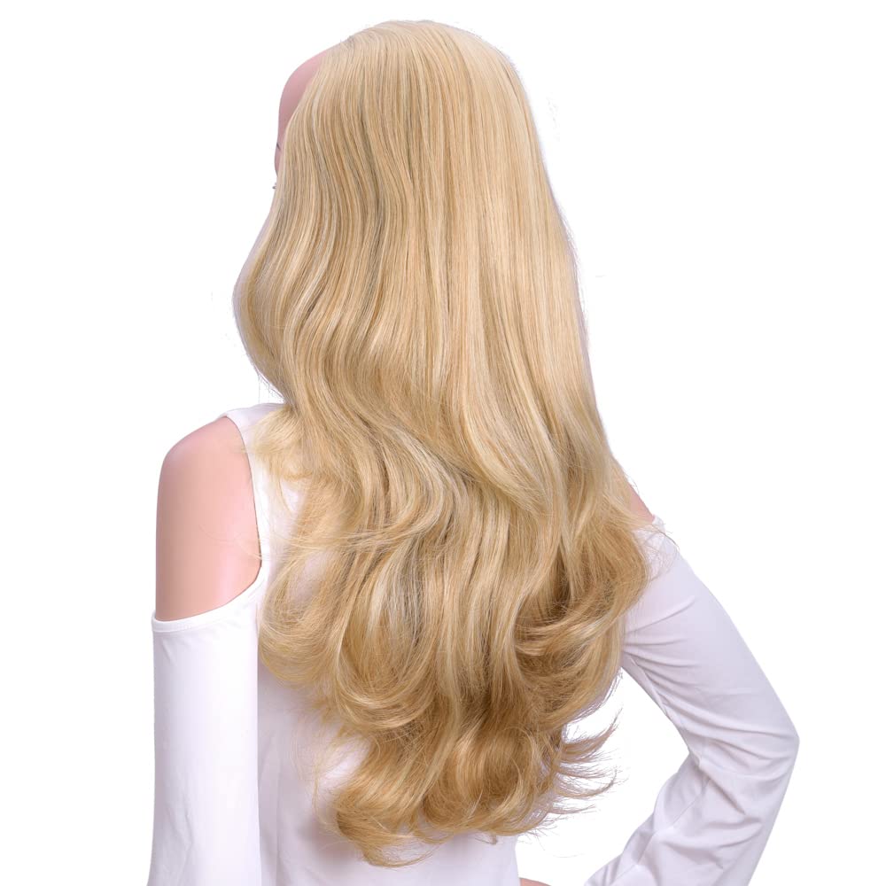 24 Inch Blond Wavy 3/4 Half Wig Long lightest Synthetic Hair Extensions Capless Wigs Hair Clips Extension For Women 210g(24 #3)