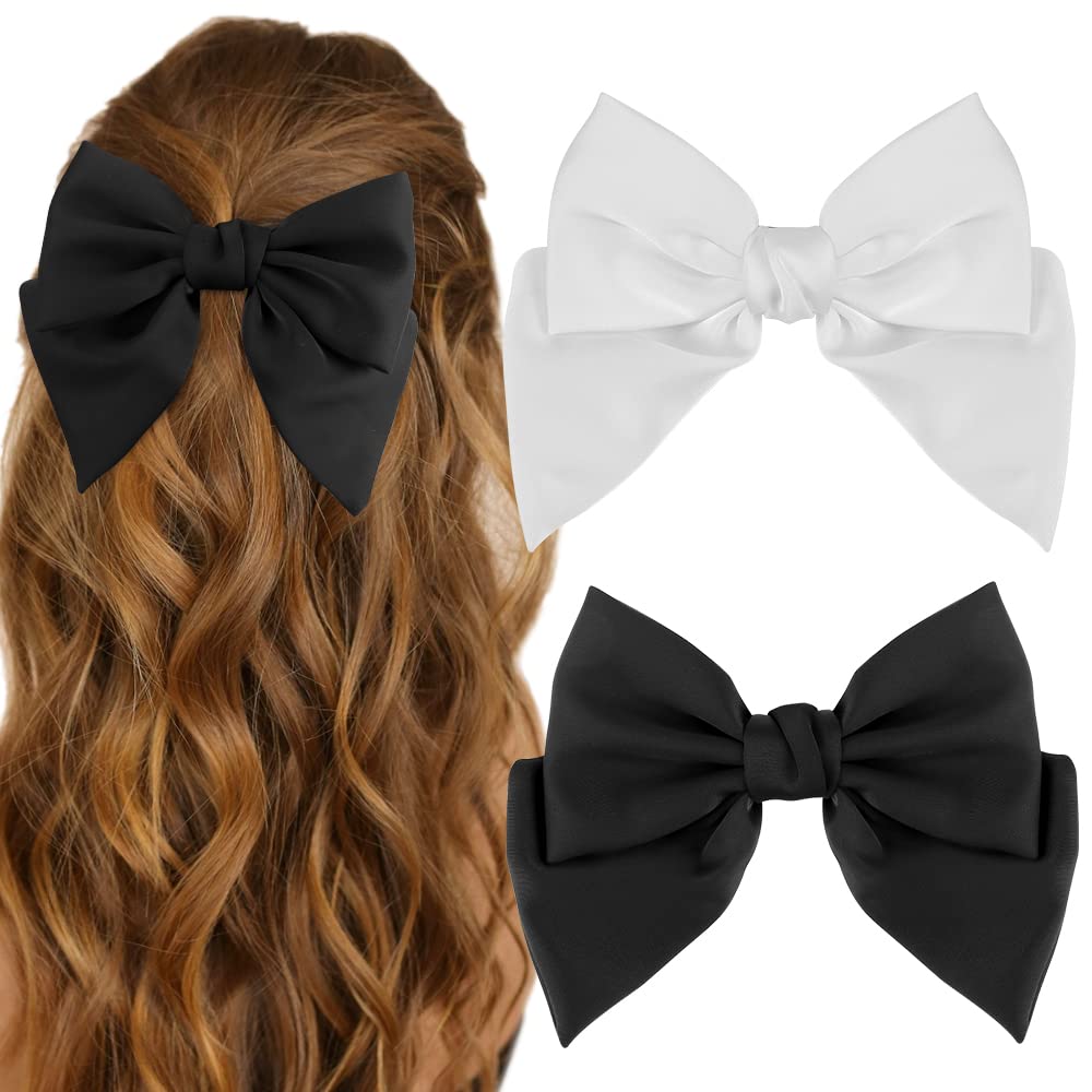 Atoden Hair Bows for Women, Big Silky Satin Hair Bow Clips, 2 Pcs Hair Barrettes, Oversized French Bowknot Ribbons, Hair Decorat