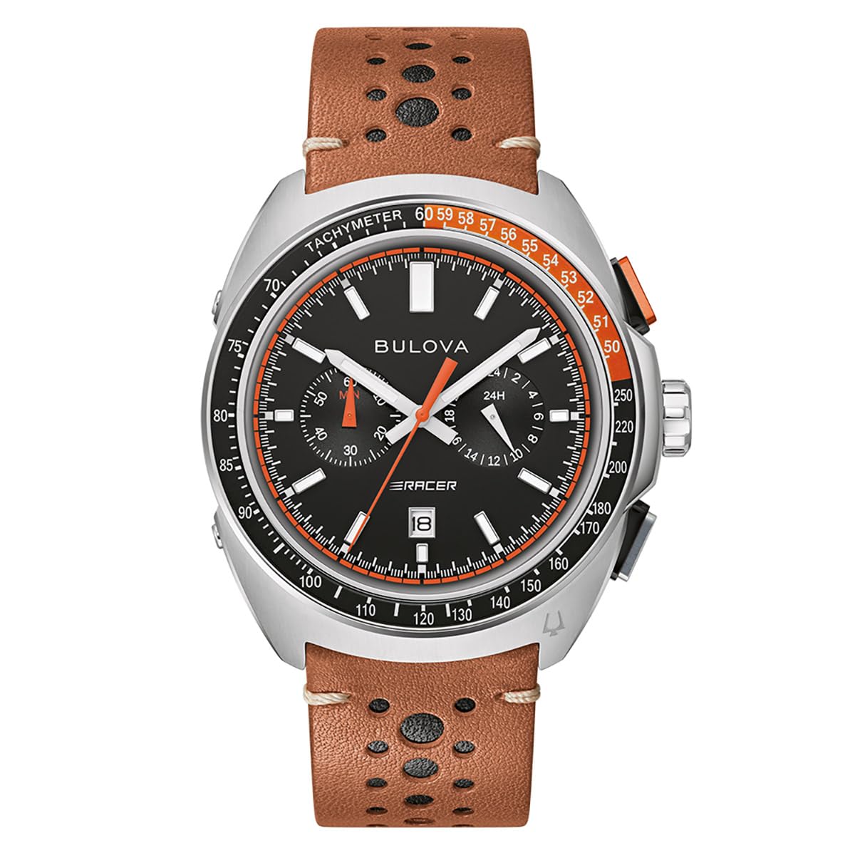 Bulova Racer Chronograph Leather Strap Black Dial Quartz 98B427 100M Men'S Watch