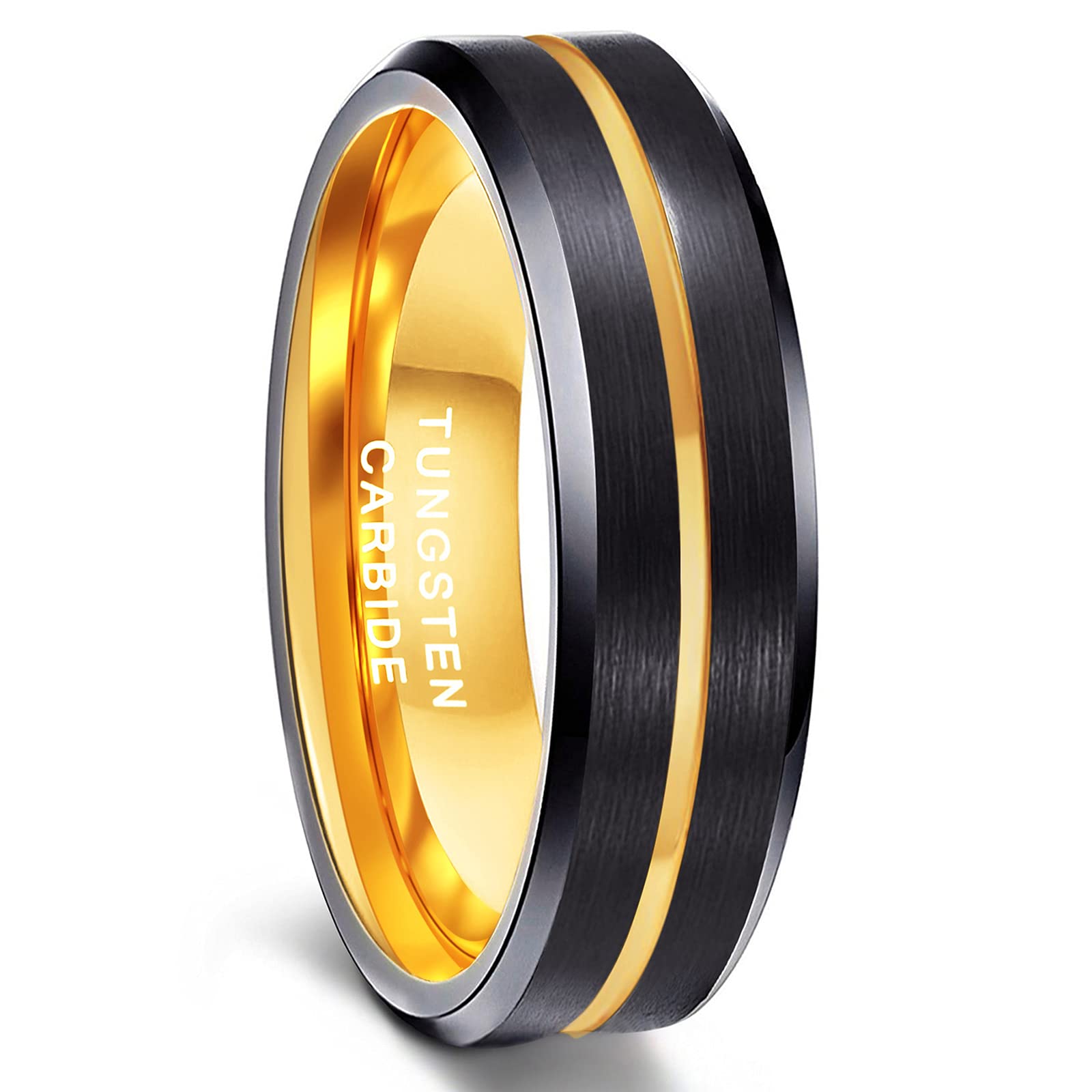 Greenpod 6mm Mens Black Tungsten Ring with Thin Gold Groove Beveled Edge Comfort Fit Size 11.5