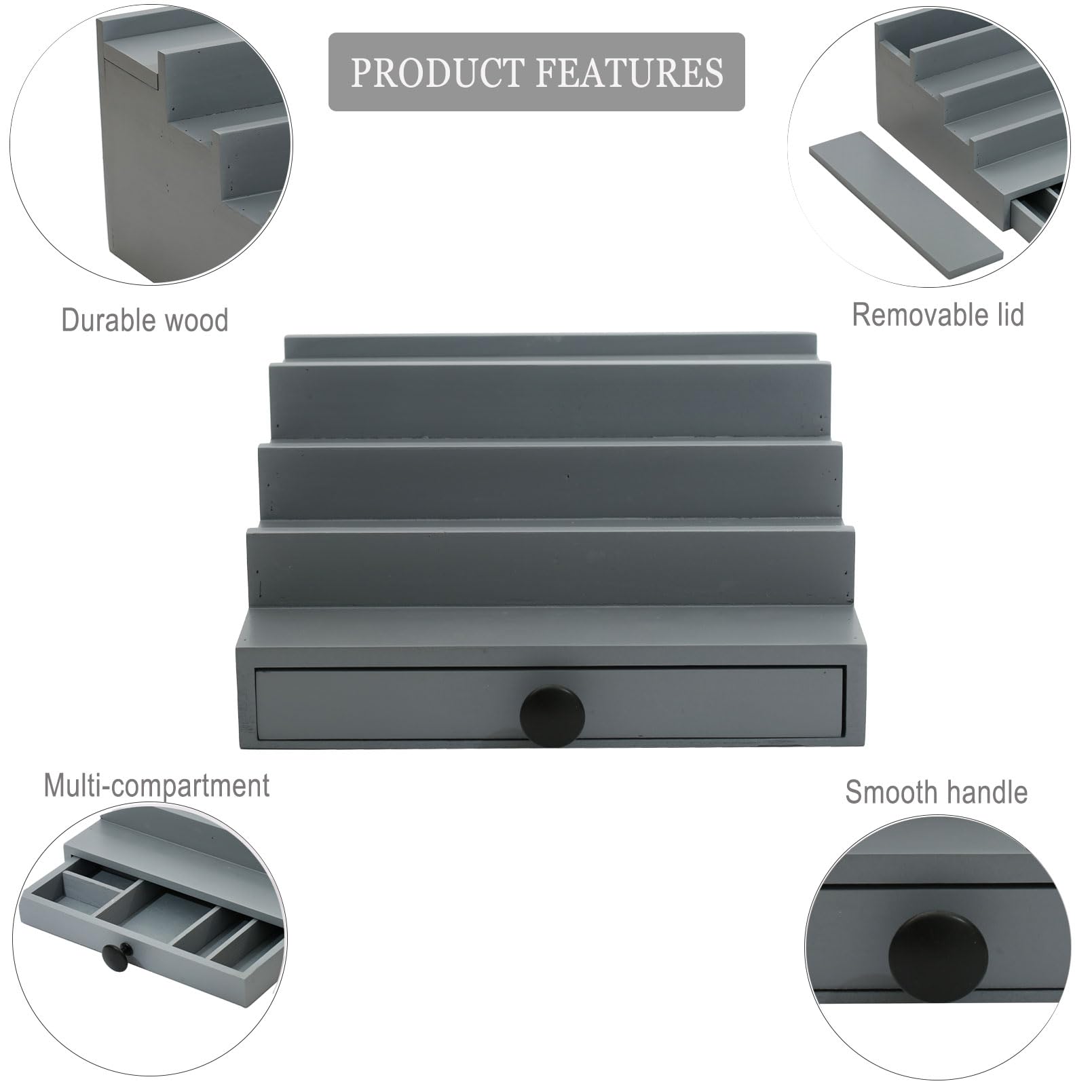 Fengligoo Cologne Organizer for Men - 4 Tier Wooden Grey Cologne Display Stand with Drawer and Hidden Compartment, Mens Cologne