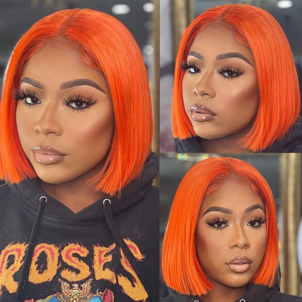 Guebb 13X4 Colored # 350 Ginger Orange Glueless Bob Wig Human Hair Hd Transparent Lace Frontal Wig Short Blunt Cut Bob Wig Lace