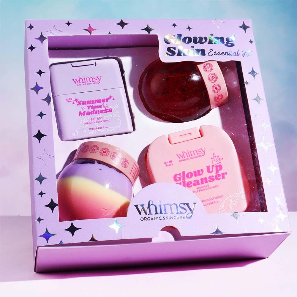 Whimsy Beauty Glowing Skin Essentials Kit For Kids And Teens,Complete Skincare Set With Cleanser Moisturizer Sunscreen (4 To 16 
