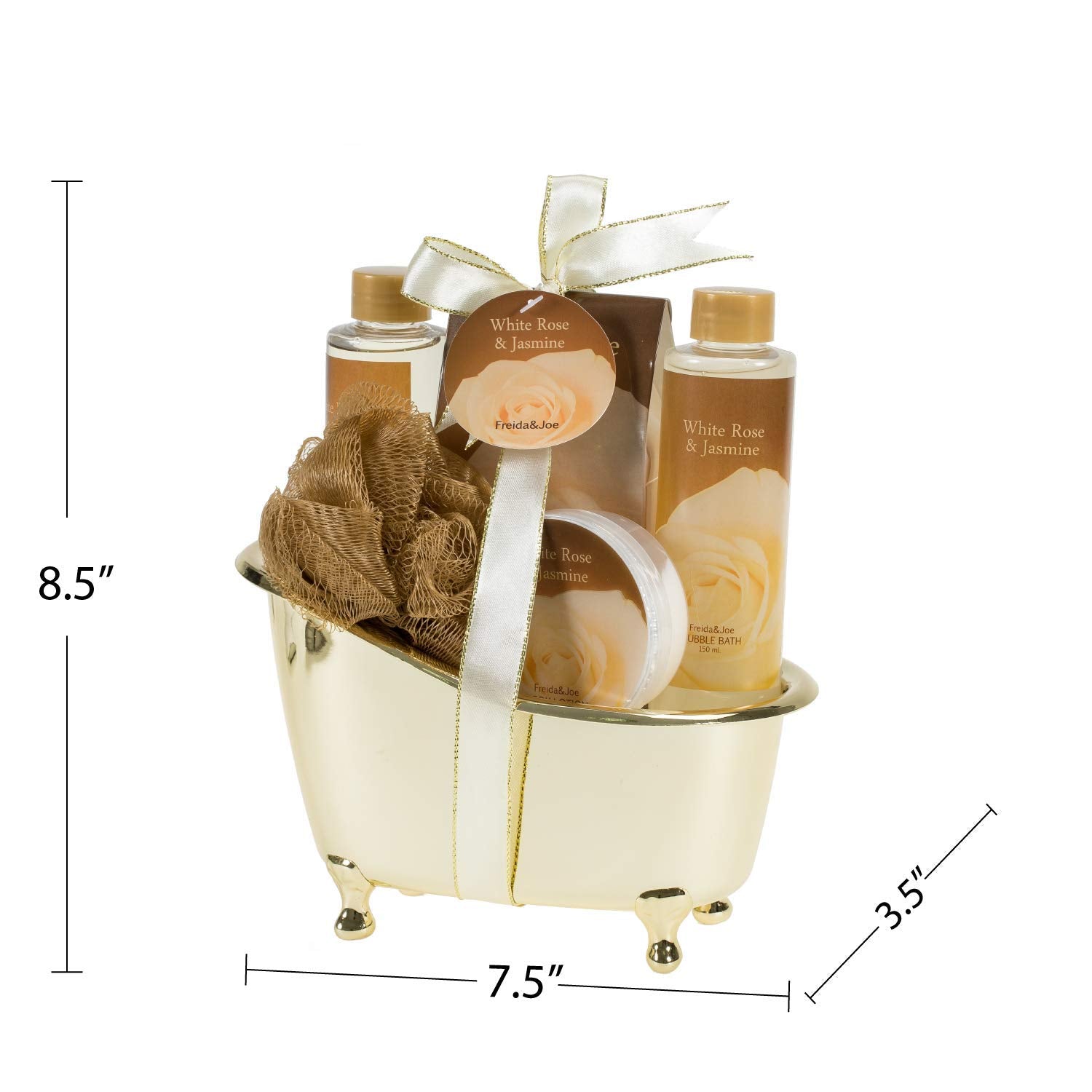 White Rose Jasmine Spa Set For Women In Elegant Gold Tub Includes Shower Gel, Bubble Bath, Body Lotion, Jasmine Bath Salt, Pouf,