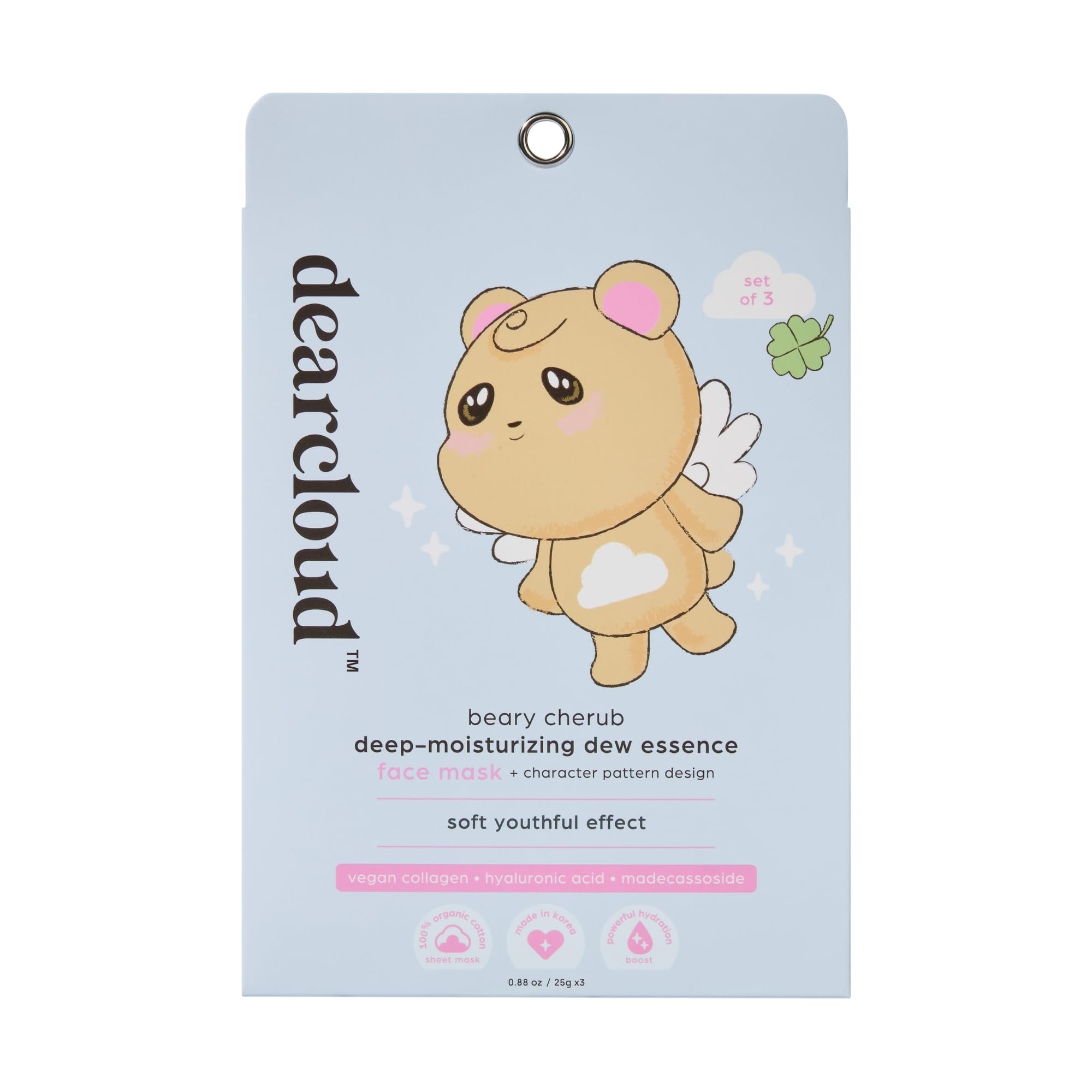 dearcloud Beary Cherub Deep-Moisturizing Dew Essence Face Mask, Korean Sheet Mask - Vegan Collagen, Hyaluronic Acid & Madecassos