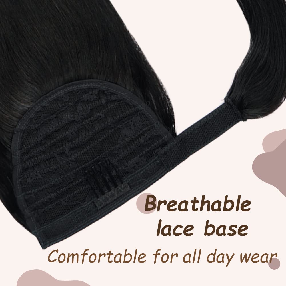 18'' Human Hair Ponytail Extension 85G #1 Jet Black 100% Remy Human Hair Wrap Around Long Ponytail Clip In Hair Extensions Strai
