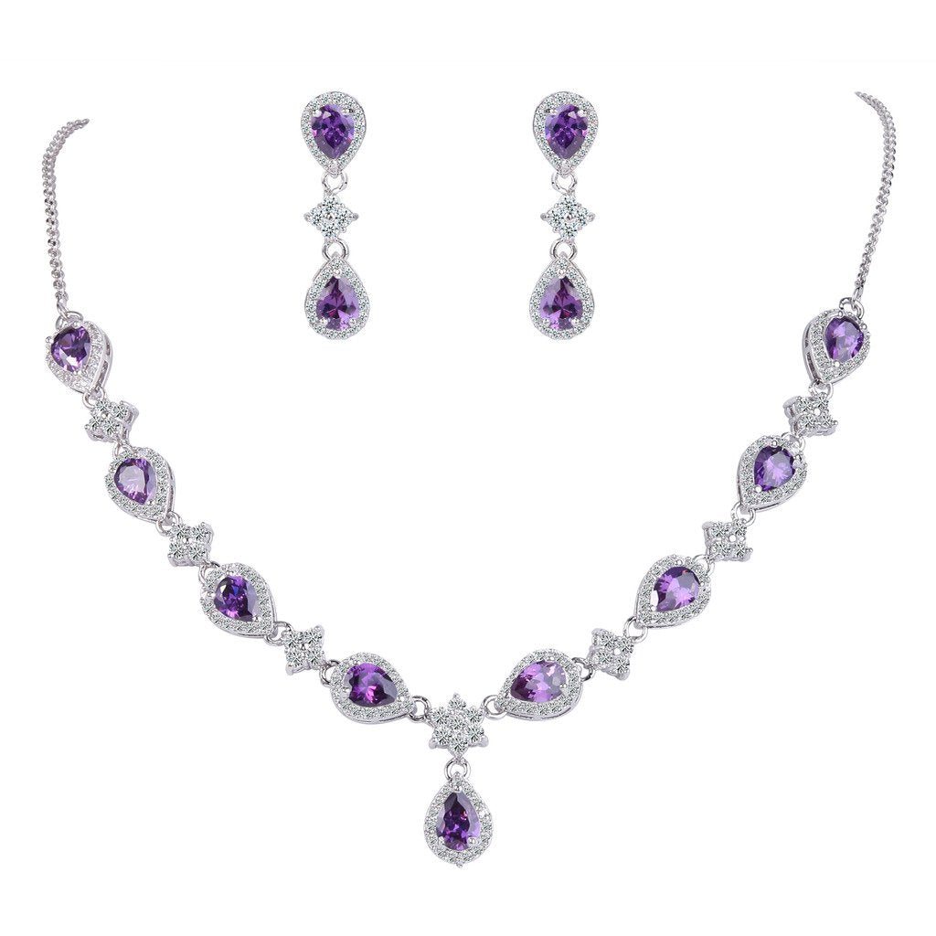 EleQueen Women's Silver-tone Cubic Zirconia Teardrop Flower Bridal V-Necklace Set Dangle Earrings Amethyst Color