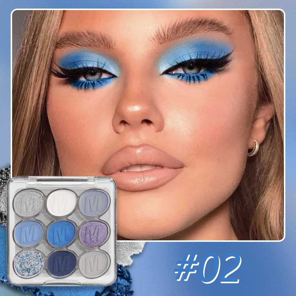 9 Colors Blue Silver Matte Shimmer Eyeshadow Palette For Eye Makeup,High Pigmented White Gray Eye Shadow Primers Powder Palet De