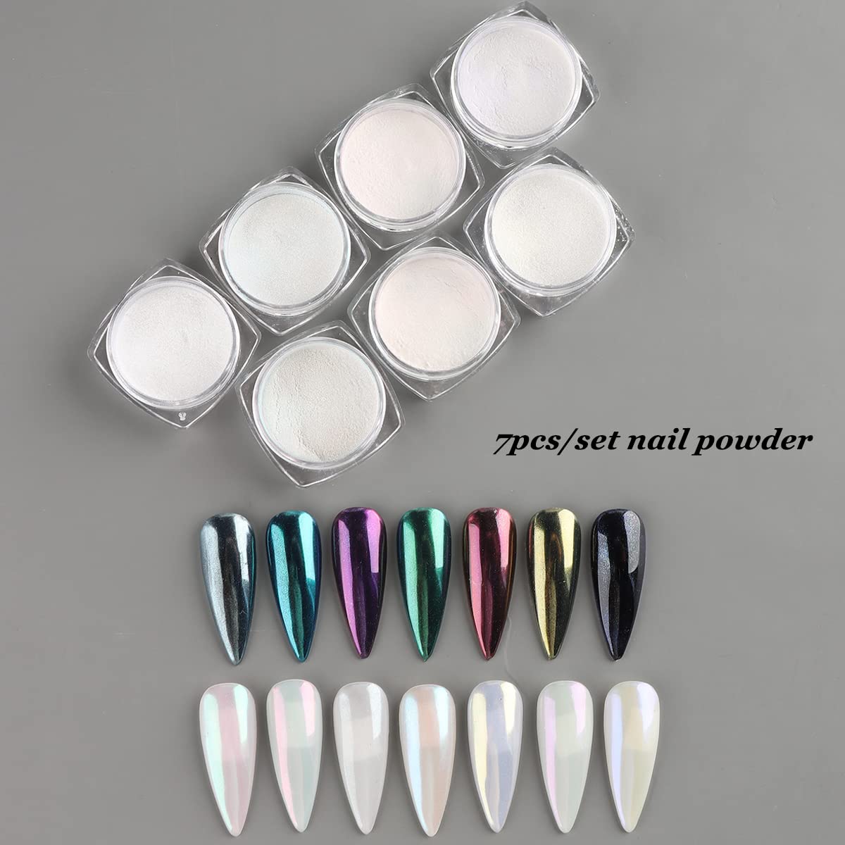 Pearl Chrome Nail Powder Set - 7 Colors Aurora Powder Mermaid Effect For Nails Iridescent Nail Glitter Shimmer White Rubbing Dus