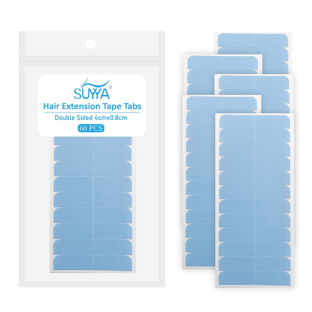 Suyya 60 Pieces Hair Extension Tape Tabs Double Sided Extension Tapes For Replacement 4Cm X0.8Cm (Blue)