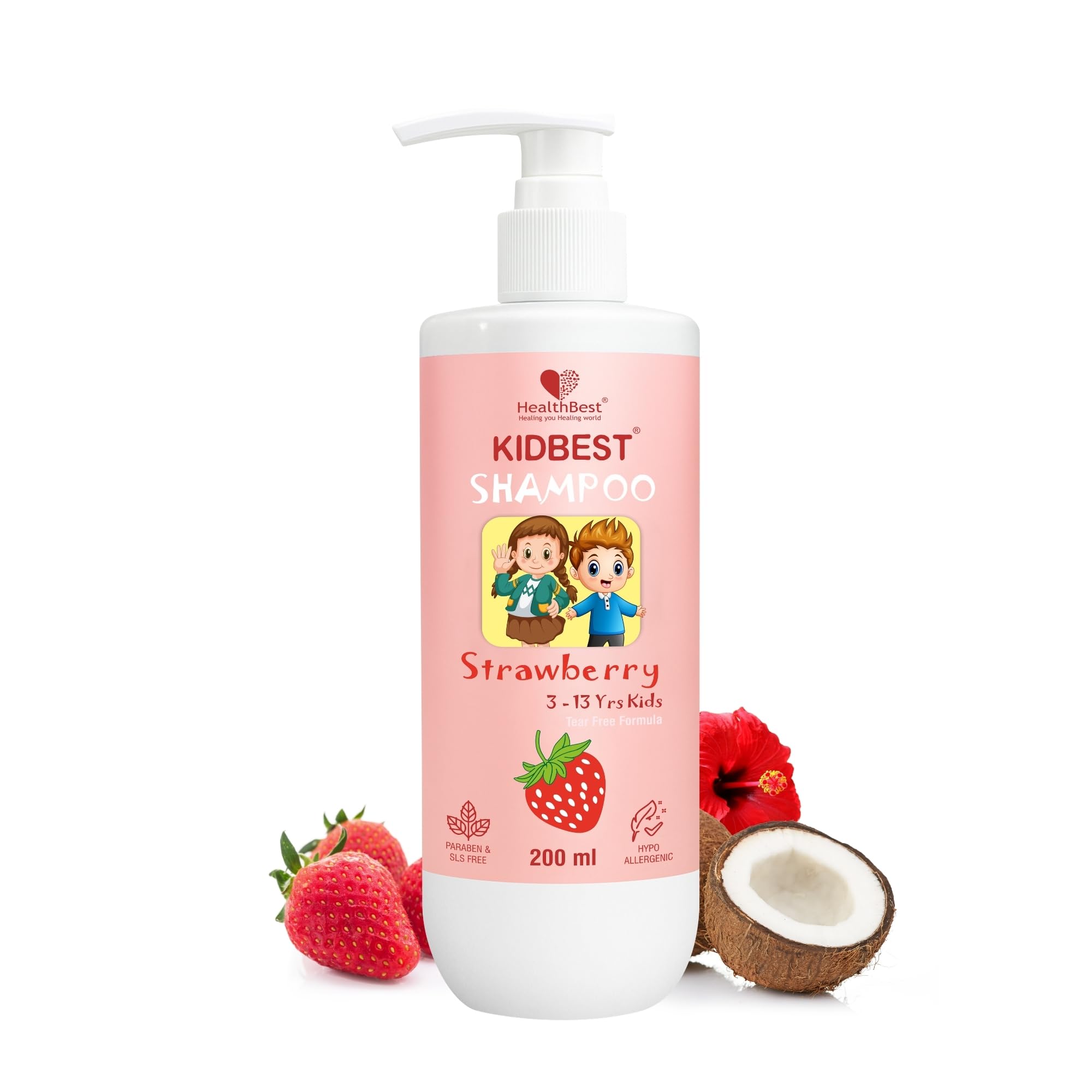 Healthbest Kids Gentle Cleansing Shampoo 200 Ml For 3-13 Years With Real Strawberry Extract Almond Oil And Vitamin E Tear-Free H